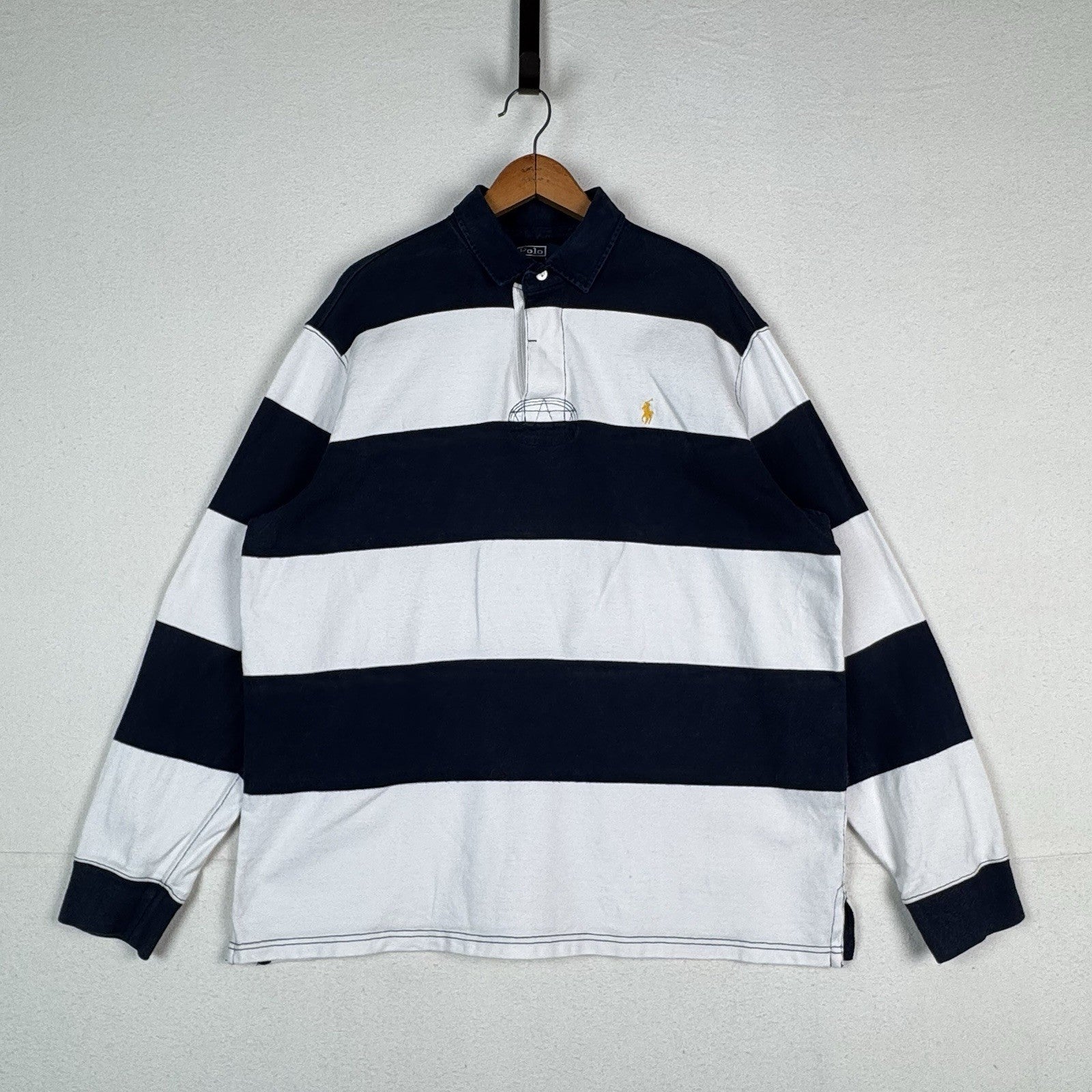 Vintage Polo Ralph Lauren Blue White Striped Rugby Shirt Mens XL