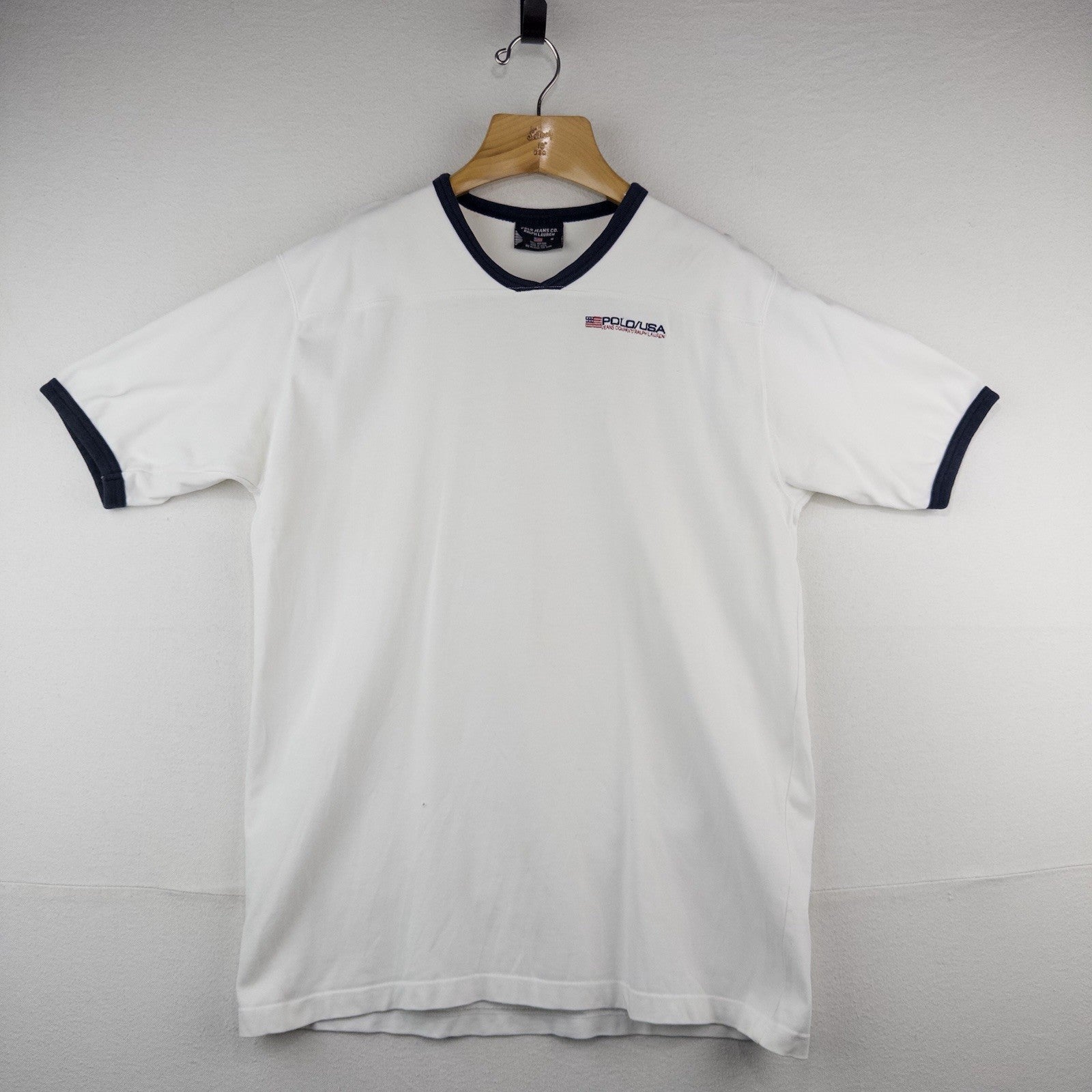 90’s Vtg Polo Sport Ralph Lauren Men’s M Ringer T Shirt V-neck 2-layer Shoulders
