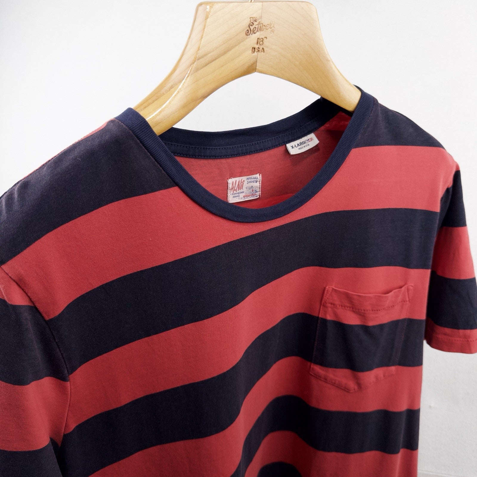 M.Nii Surf Pocket T-shirt Men’s XL Red Blue Striped Short Sleeve Cotton Made USA