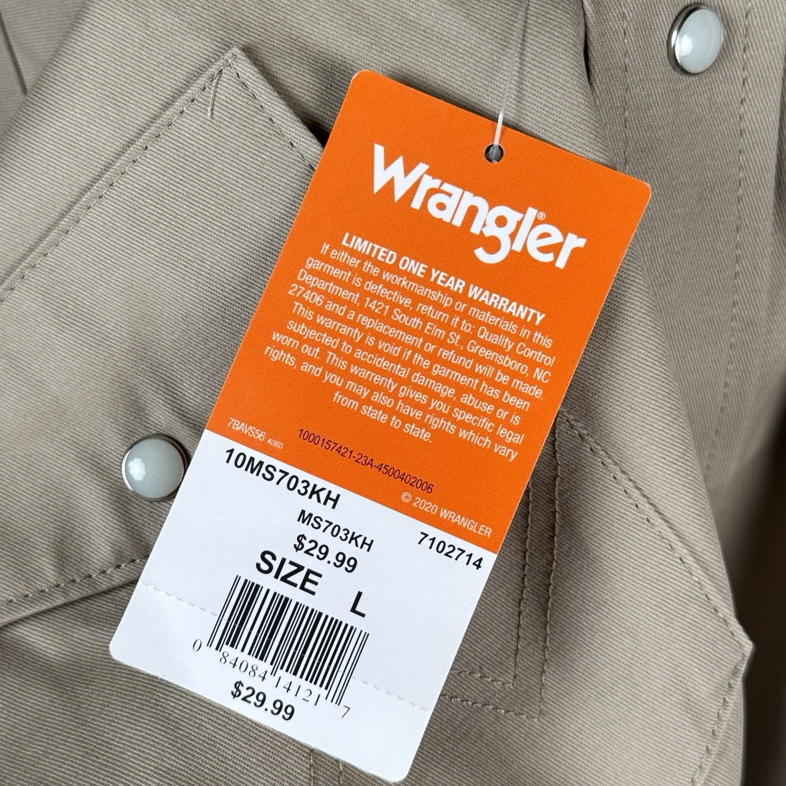 NWT Wrangler Mens Large Western Shirt Beige L/S Pearlsnap Cowboy Work Wear Shirt