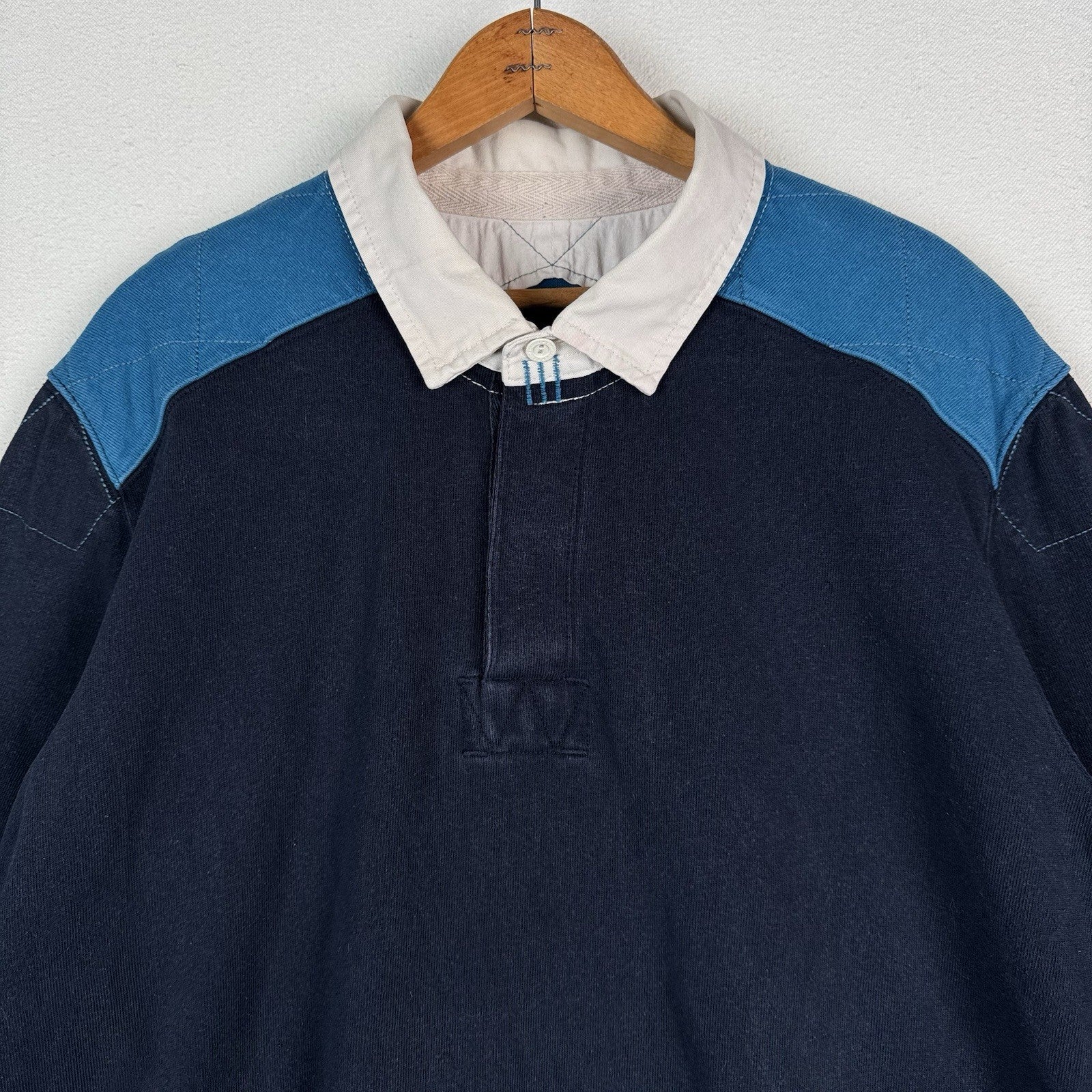 Eddie Bauer Long Sleeve Rugby Shirt Size XXL 2XL Blue Solid Quilted Shoulders