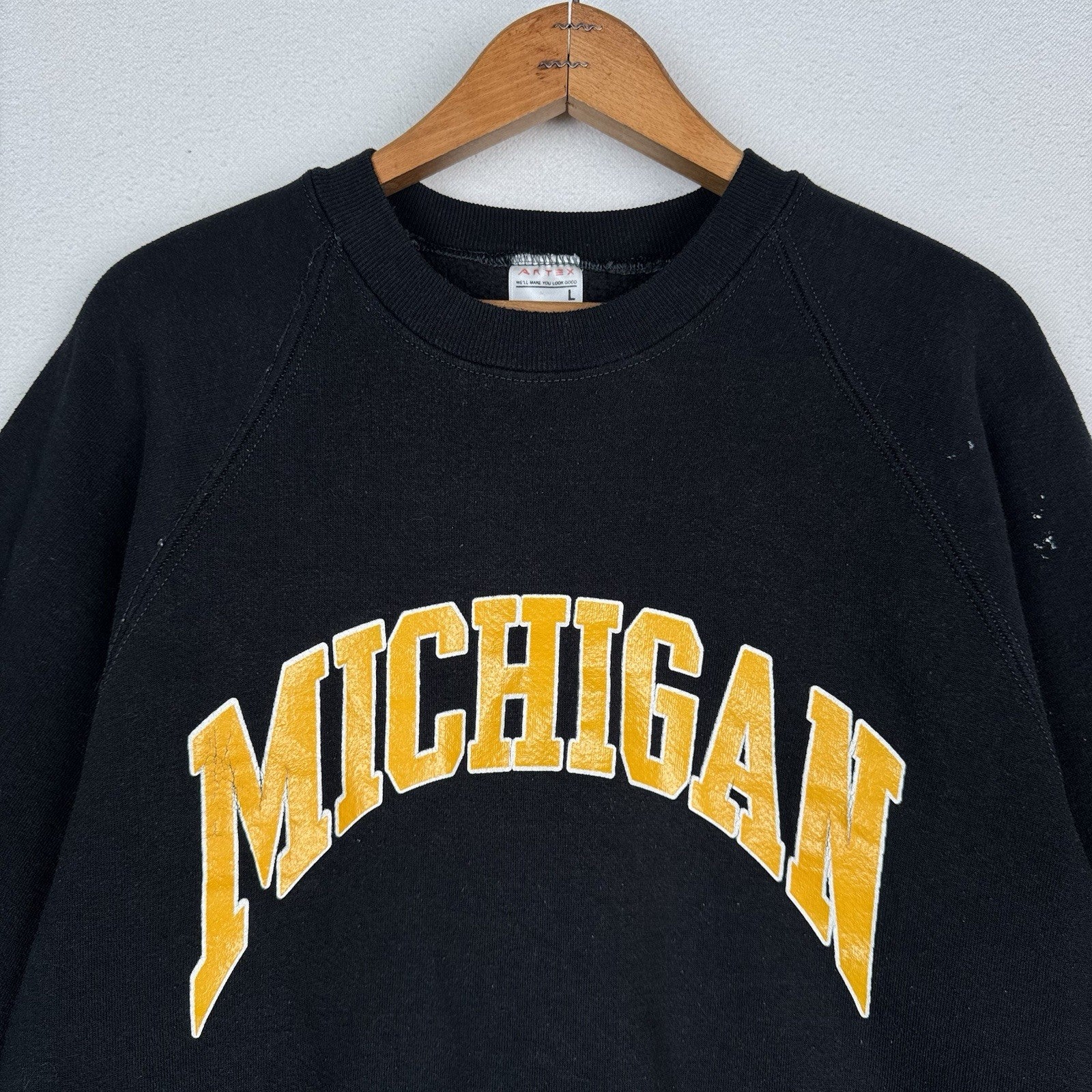 Vtg 80'S Artex University of Michigan Raglan Sweatshirt Made In USA Large Black