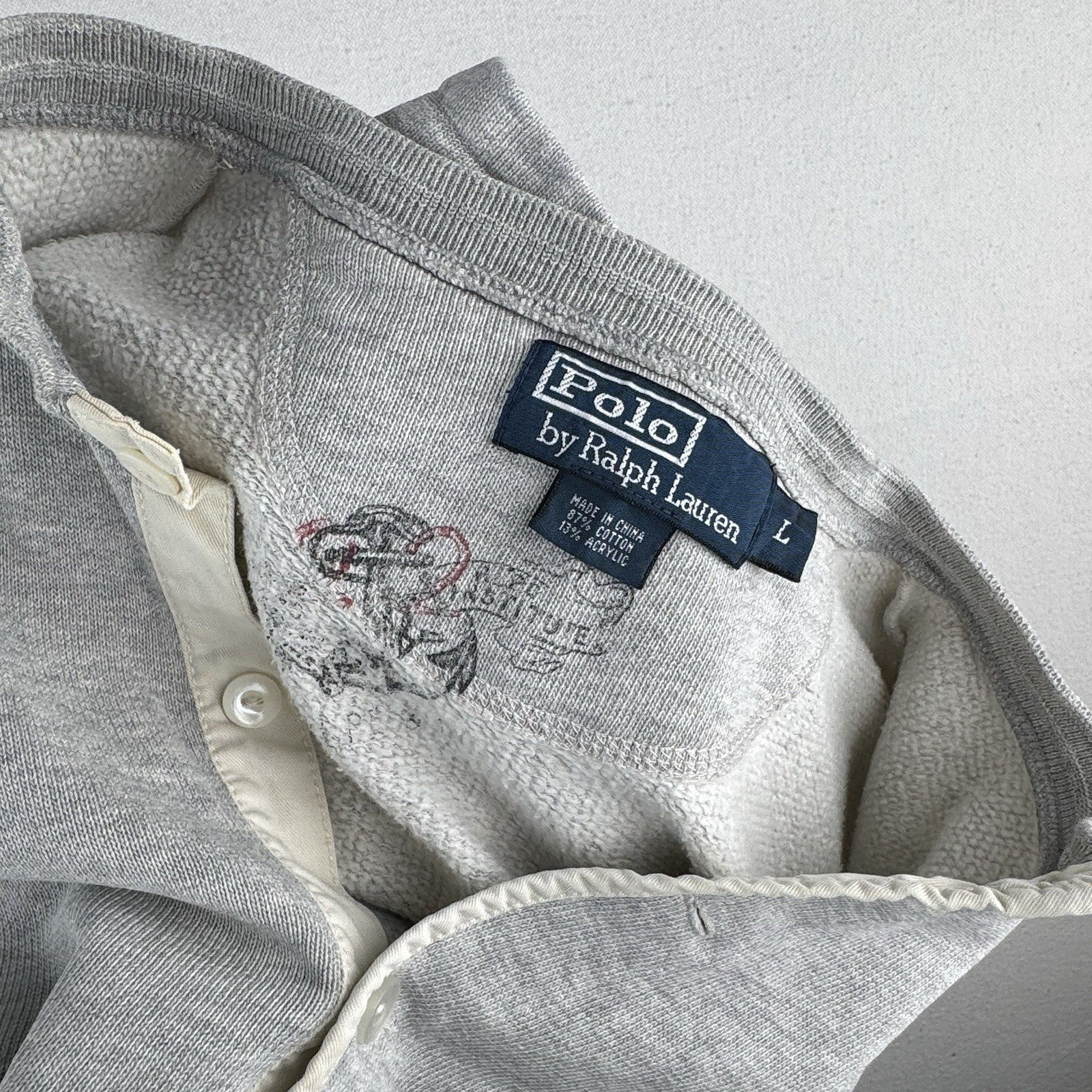 90s Vintage Polo Ralph Lauren Mens Large Henley Sweatshirt Gray *Distressed