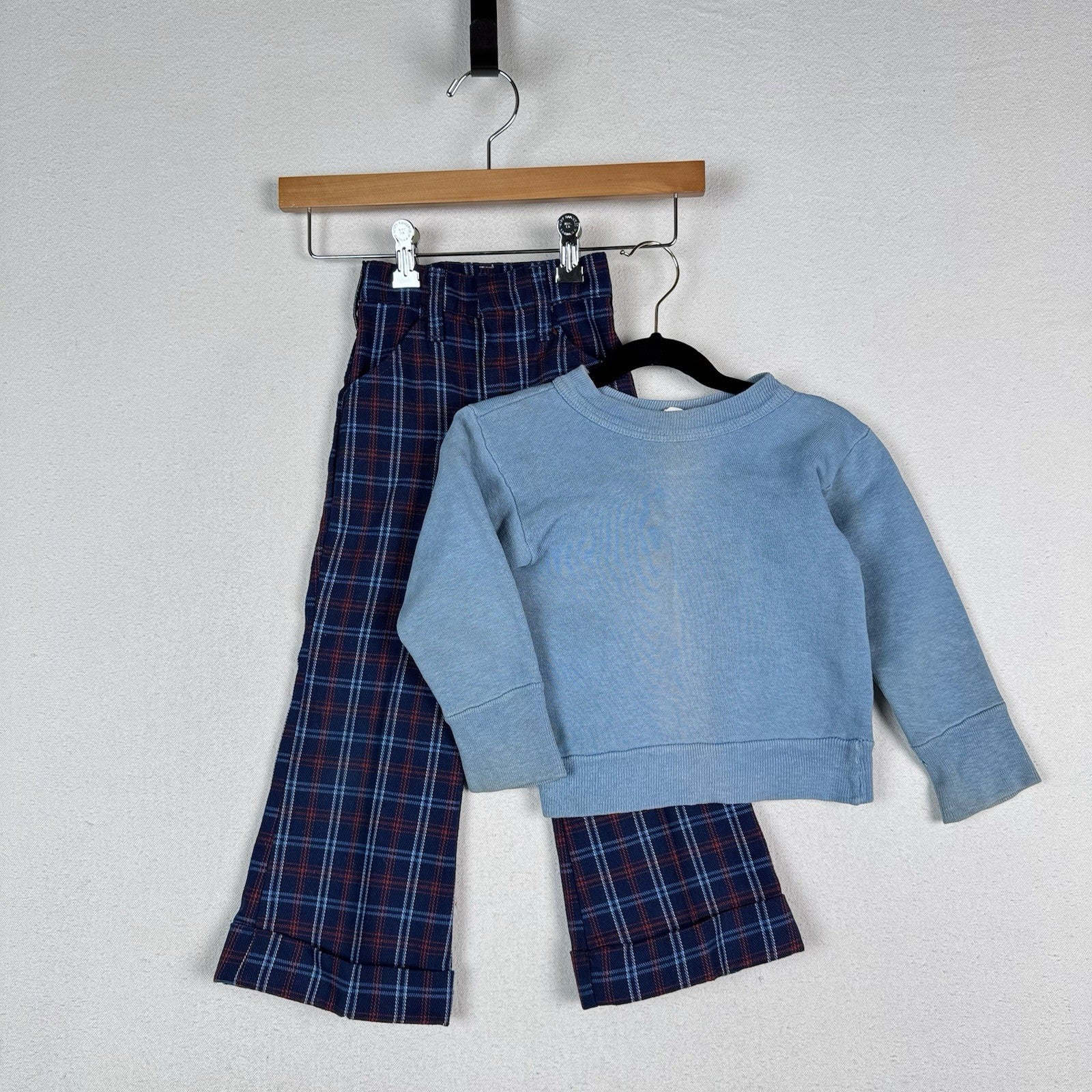 Vintage 70’s JCPenney Kids Plaid Wide Leg Distressed Sweatshirt Set Blue Red 4-5
