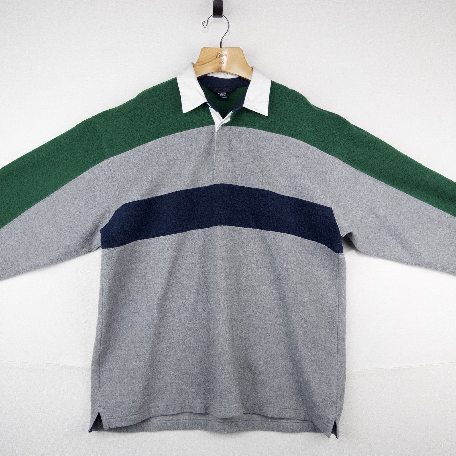 90’s Vtg Lands End Direct Merchants Men’s L Fleece Rugby Blue Green Gray