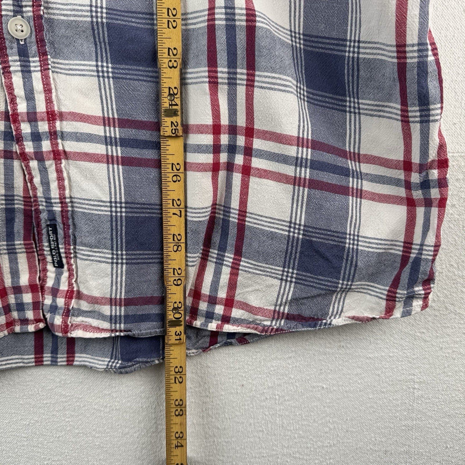 Vintage Polo Sport Ralph Lauren Men’s M Red Blue Plaid Linen Blend Camp Shirt