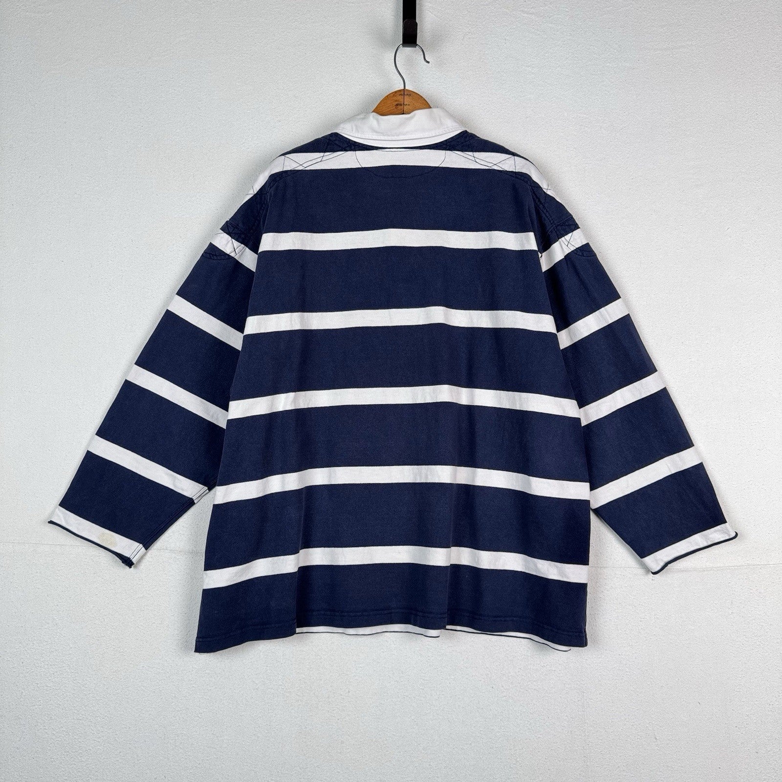 Polo Ralph Lauren Rugby Shirt 4XLB Blue White Quilted Elbow Patch *No Cuffs