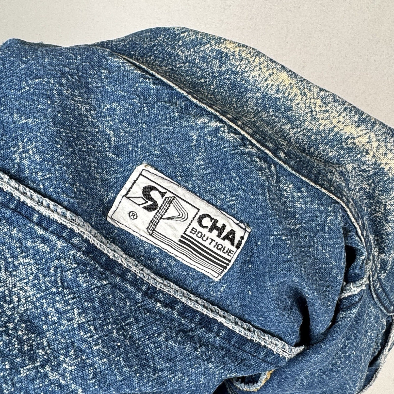 Vintage 80’s Chai Denim Jacket Unisex Medium Acid Wash Quilted Shoulders Straps