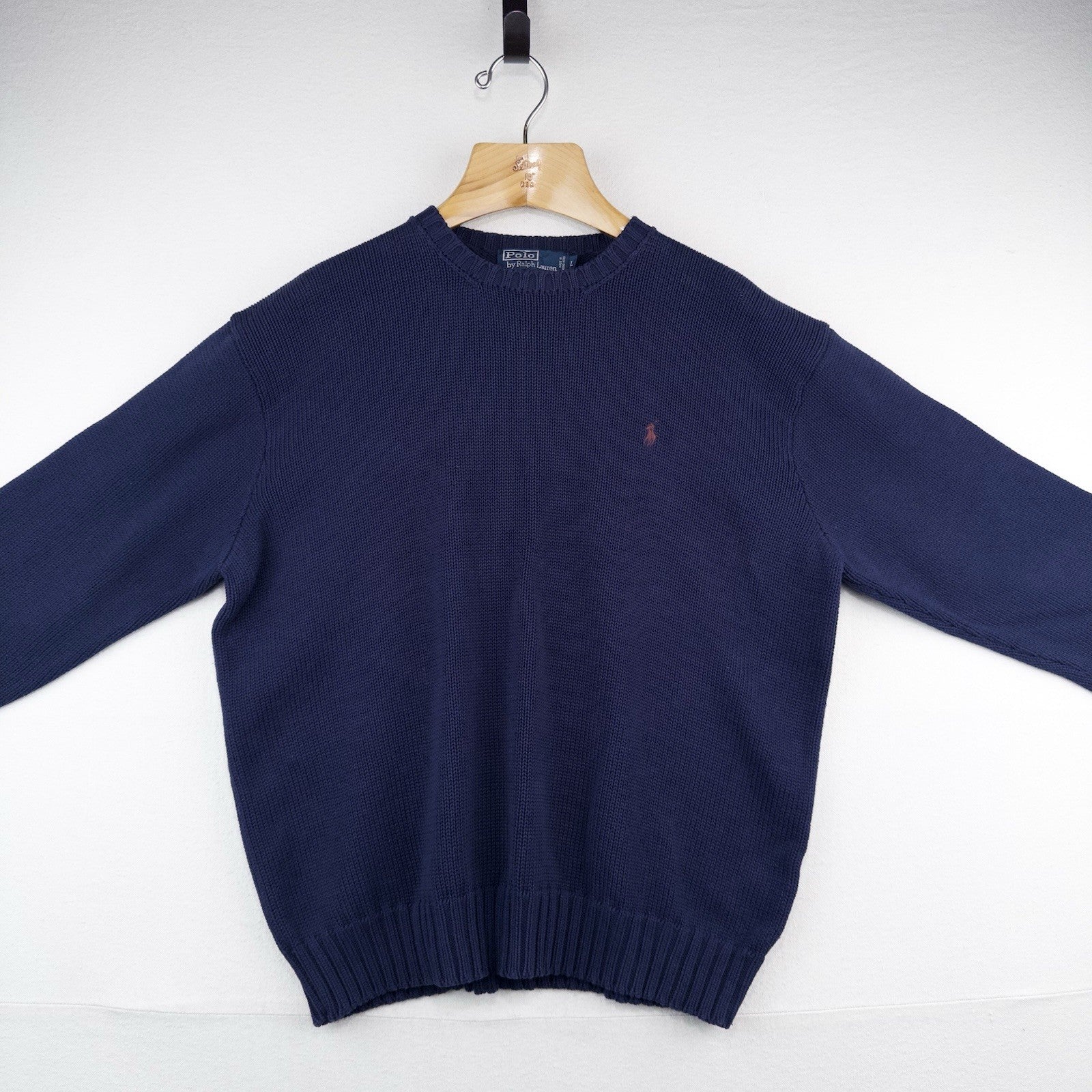 90's Vintage Polo Ralph Lauren Sweater Men's L Navy Blue Knit Crewneck Red Pony