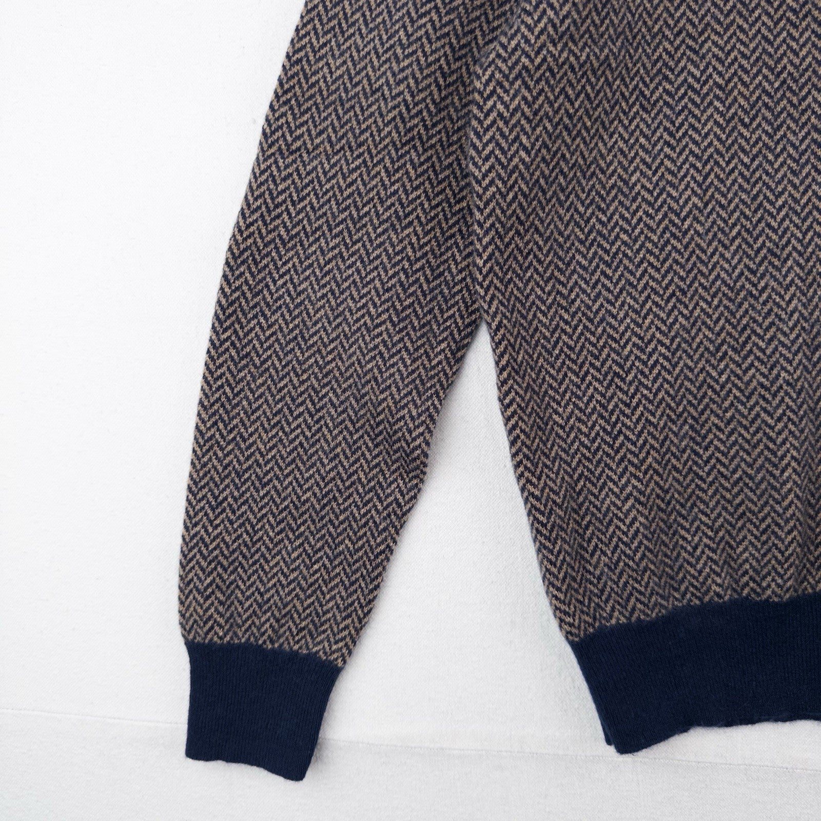 J.Crew 100% Cashmere Herringbone Jacquard Crewneck Sweater Men’s Large Blue Tan