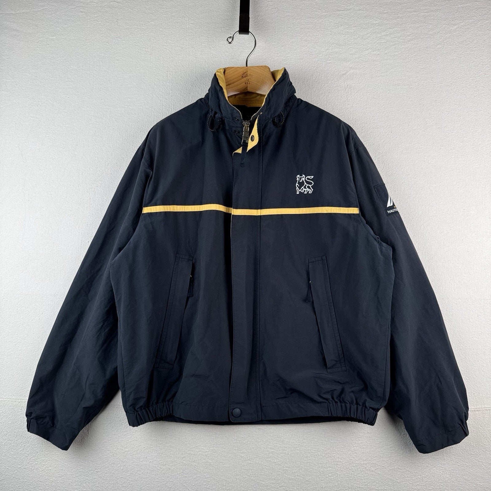 90’s Vtg Nautica NS-83 Windbreaker Hideaway Hood Jacket Mens L Merrill Lynch