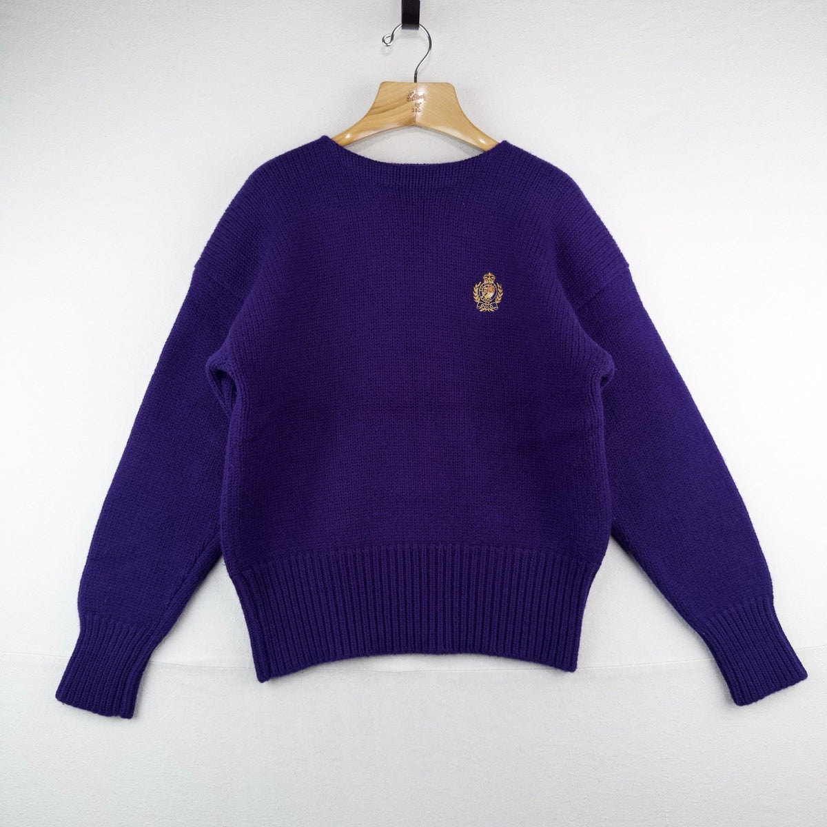 80’s Vtg Polo Ralph Lauren Wool Boat Neck Purple Embroidered Crest Sweater XL