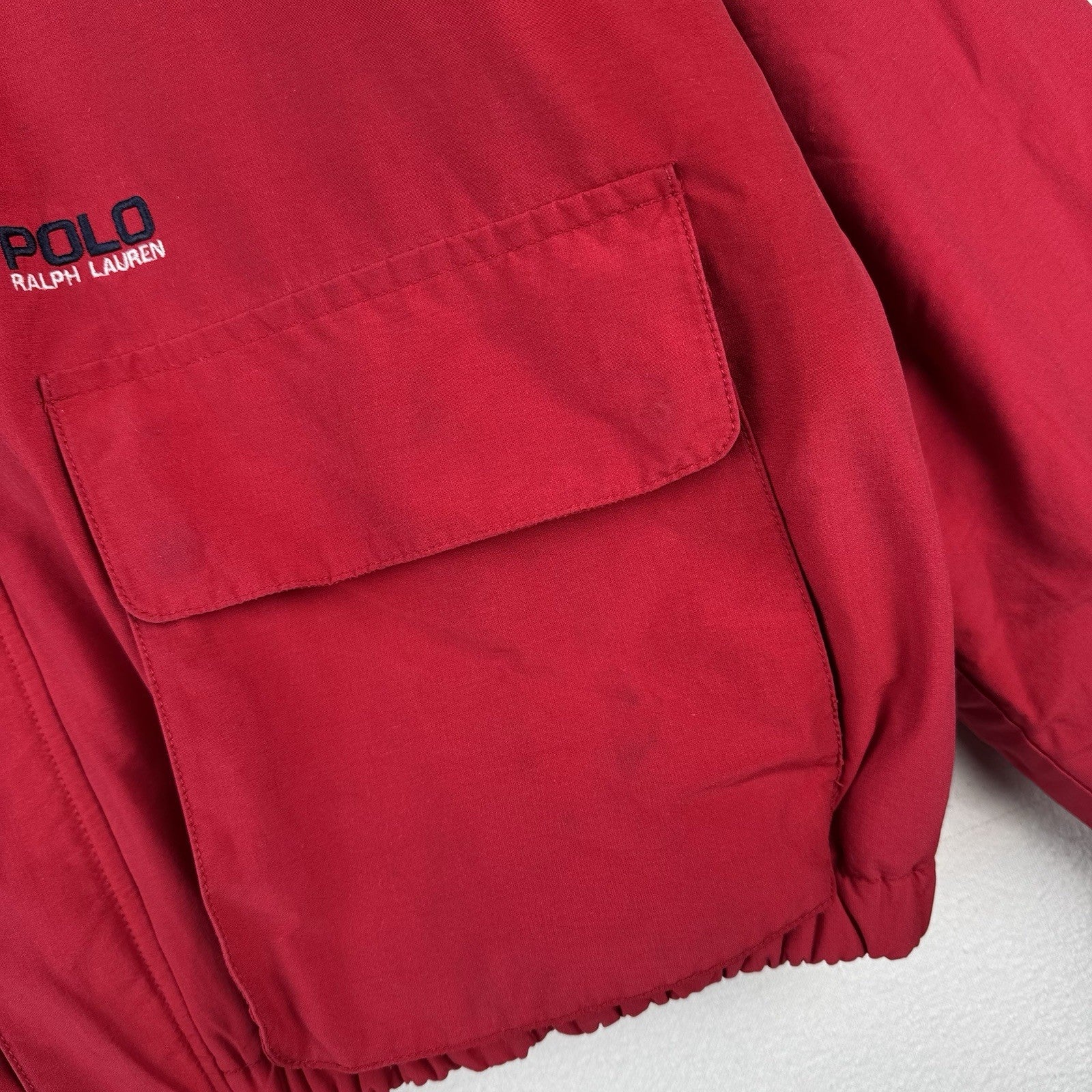 90’s Vtg Polo Ralph Lauren Jacket Men’s L Red A-2 Bomber Fleece Stowaway Hood