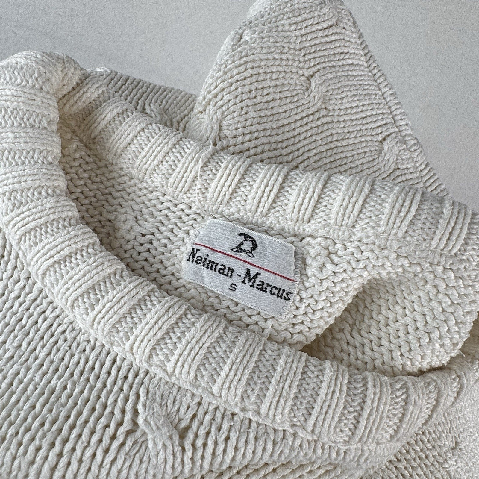 Vintage Neiman Marcus Cotton Cable Knit Sweater Ivory Cream Small 40”