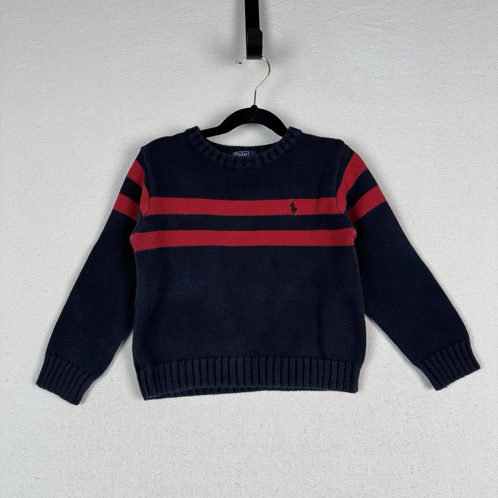 Vintage Polo Ralph Lauren Black Red Striped Pullover Crewneck Sweater Boys Sz 5