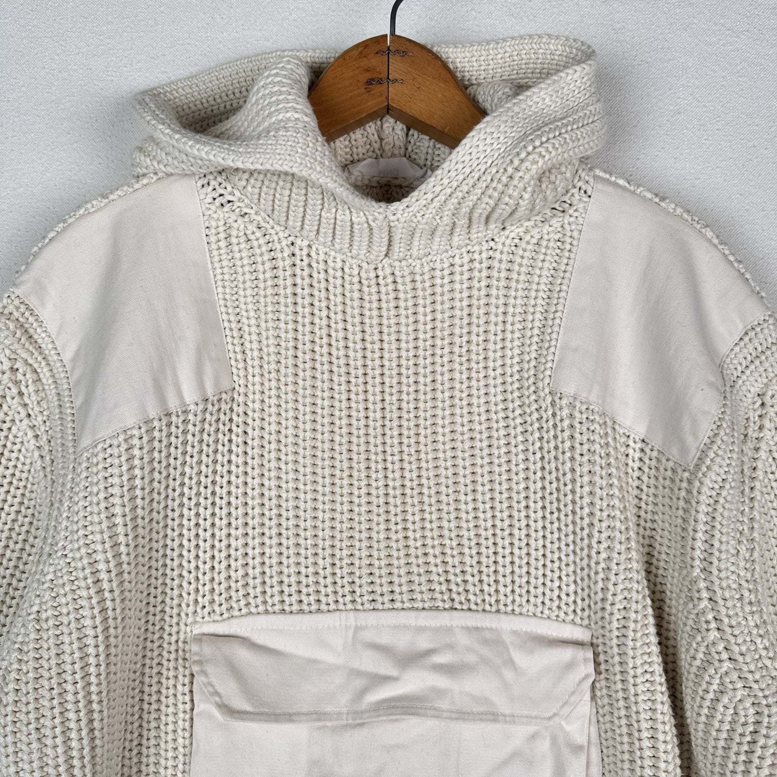 Mango Women’s XS Cropped Hooded Cable Knit Patchwork Sweater Cream Front Pocket