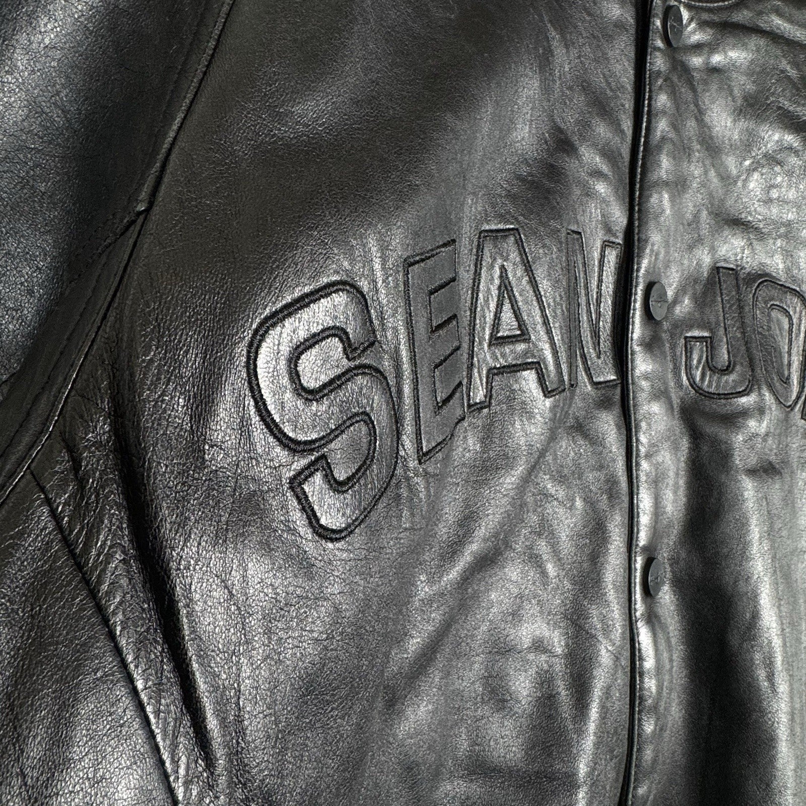 Vtg Sean John Soft Leather Bomber Jacket 2XL Black Puffy Hip Hop Streetwear