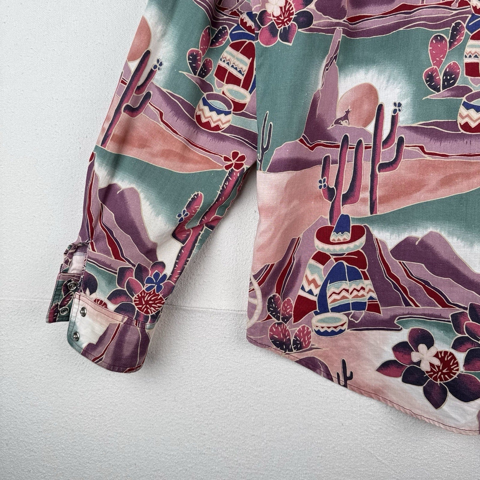 Vintage Southwestern Desert Cowboy Cactus Pearl Snap Shirt Purple Green XL 46”