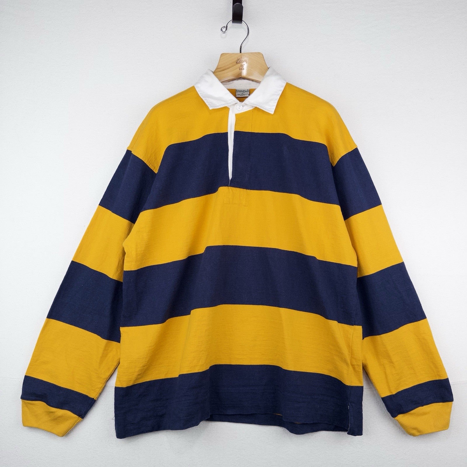 80’s Vtg Steeplechase Men’s XL Yellow Blue Striped Long Sleeve Polo Rugby