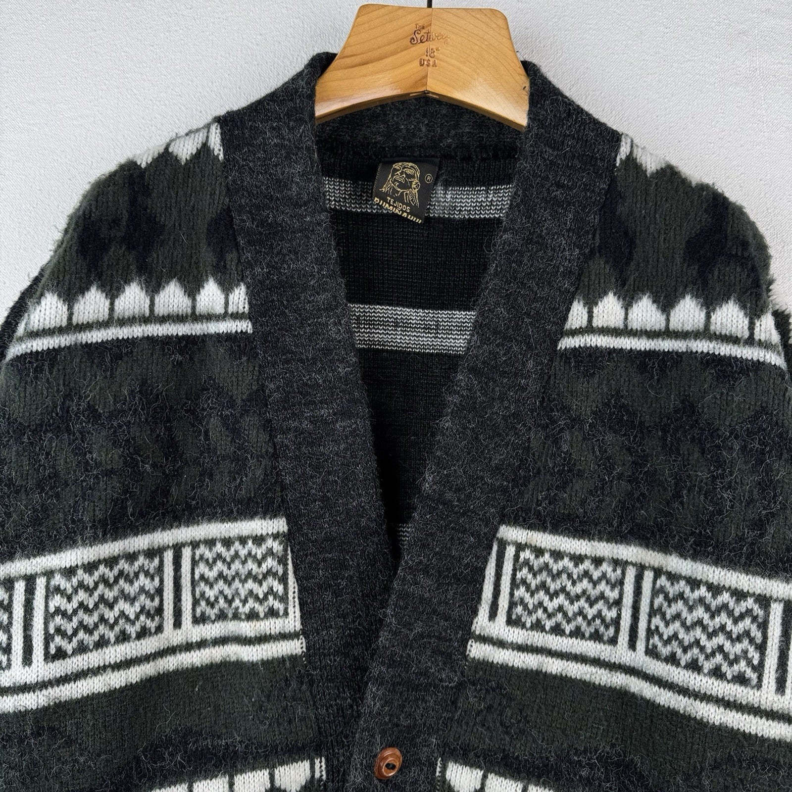 Tejidos Ruminahui Men's XL Southwest V-Neck Wool Cardigan Sweater Green Gray