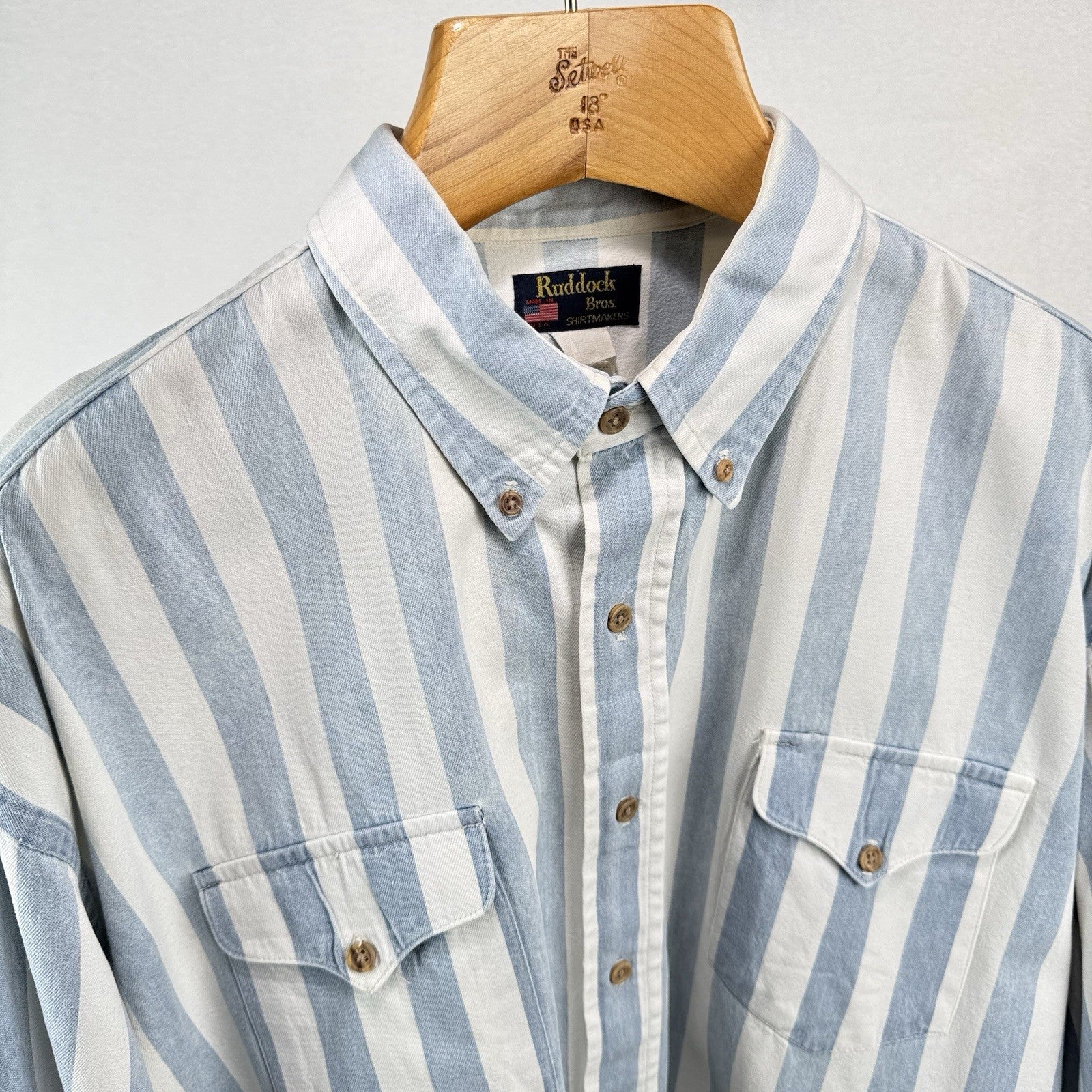 Vtg Ruddock Bros Western Denim Shirt Blue White Stripe Mens 2XL Made USA *Faded