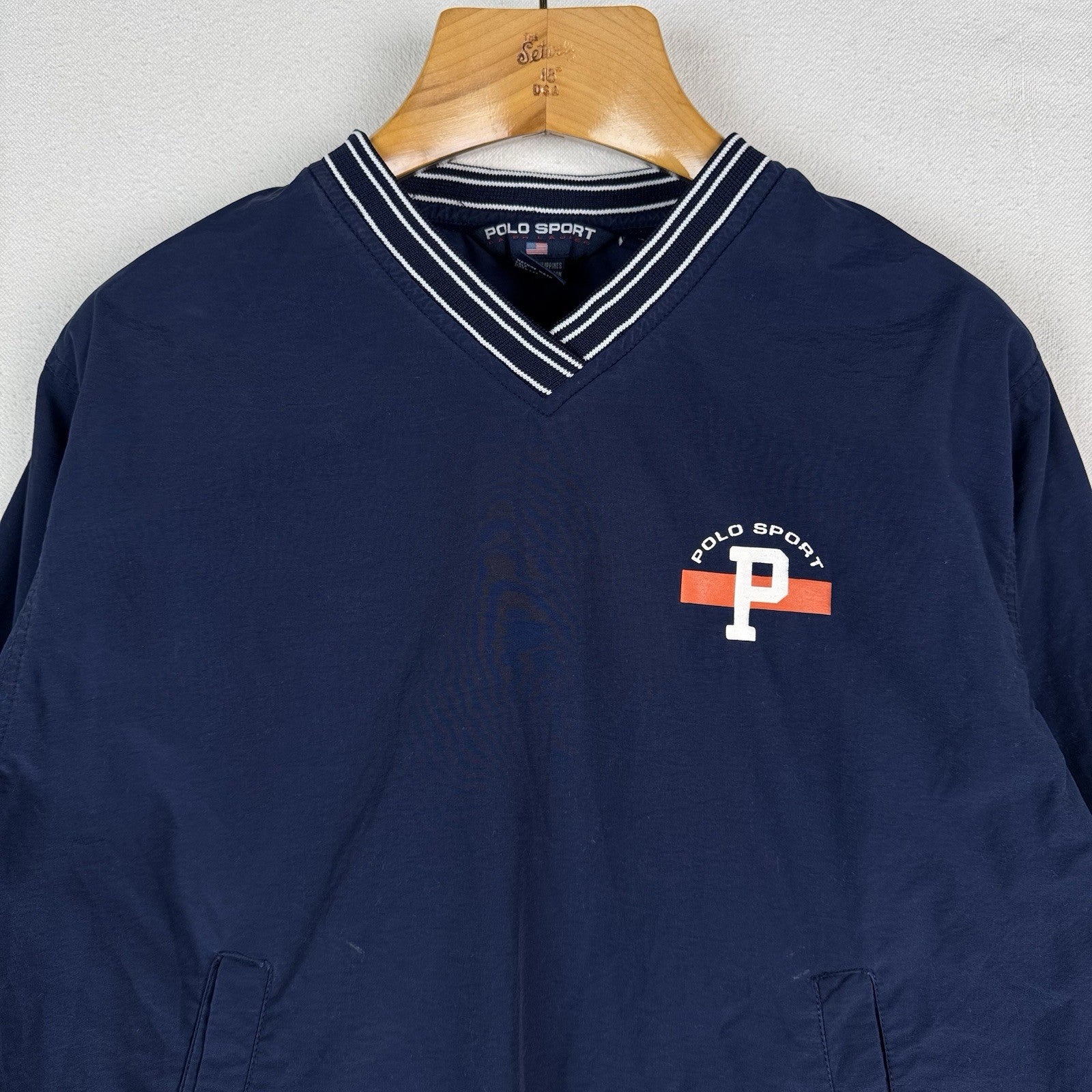 Vtg 90’s Polo Sport Ralph Lauren Blue Flag Spellout Windbreaker Pullover Large