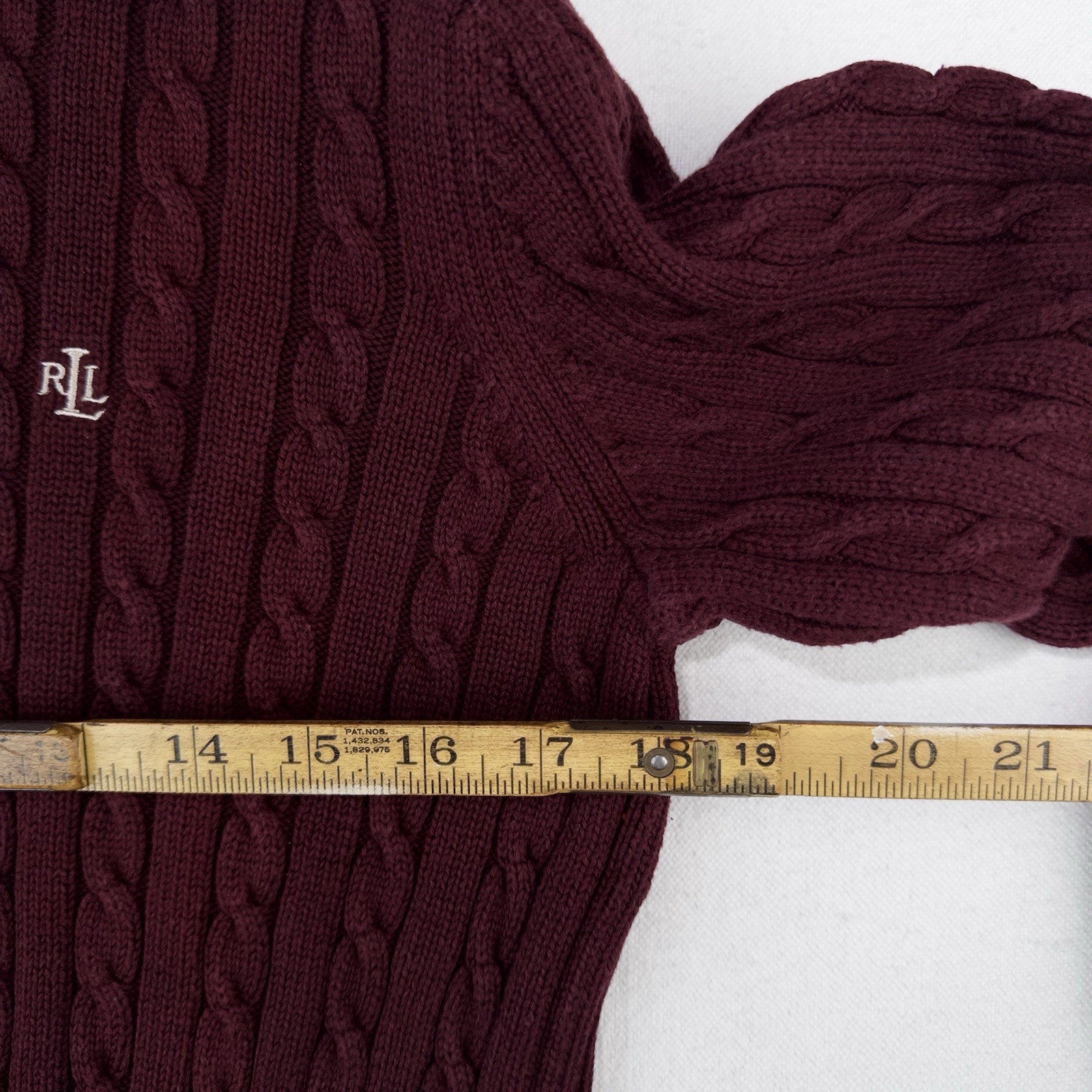 Ralph Lauren LRL Womens Small Maroon 100% Cotton Sweater 3D Cable Knit Crewneck