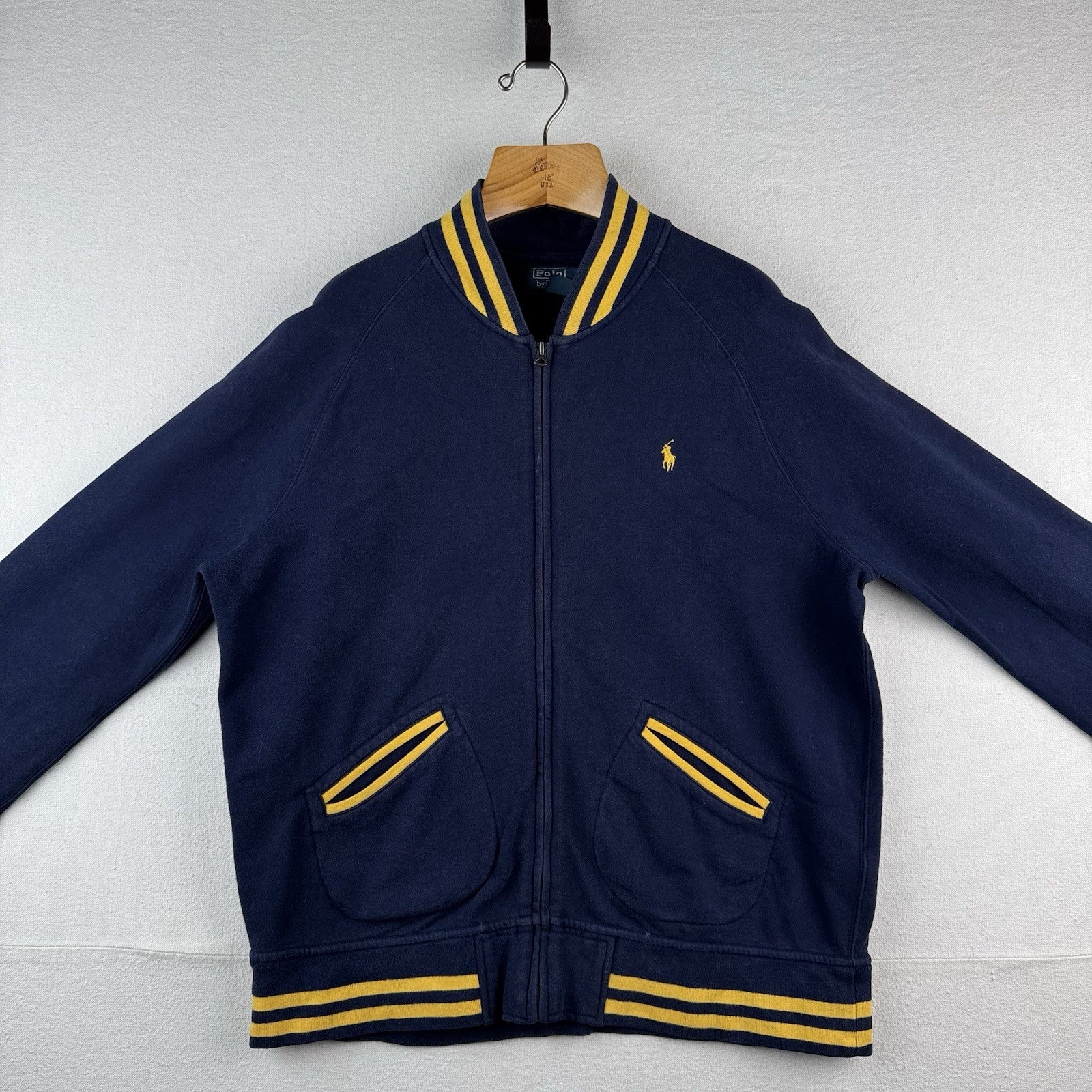 90's Vtg Polo Ralph Lauren Men's XL Fleece Varsity Jacket College Navy Gold Zip