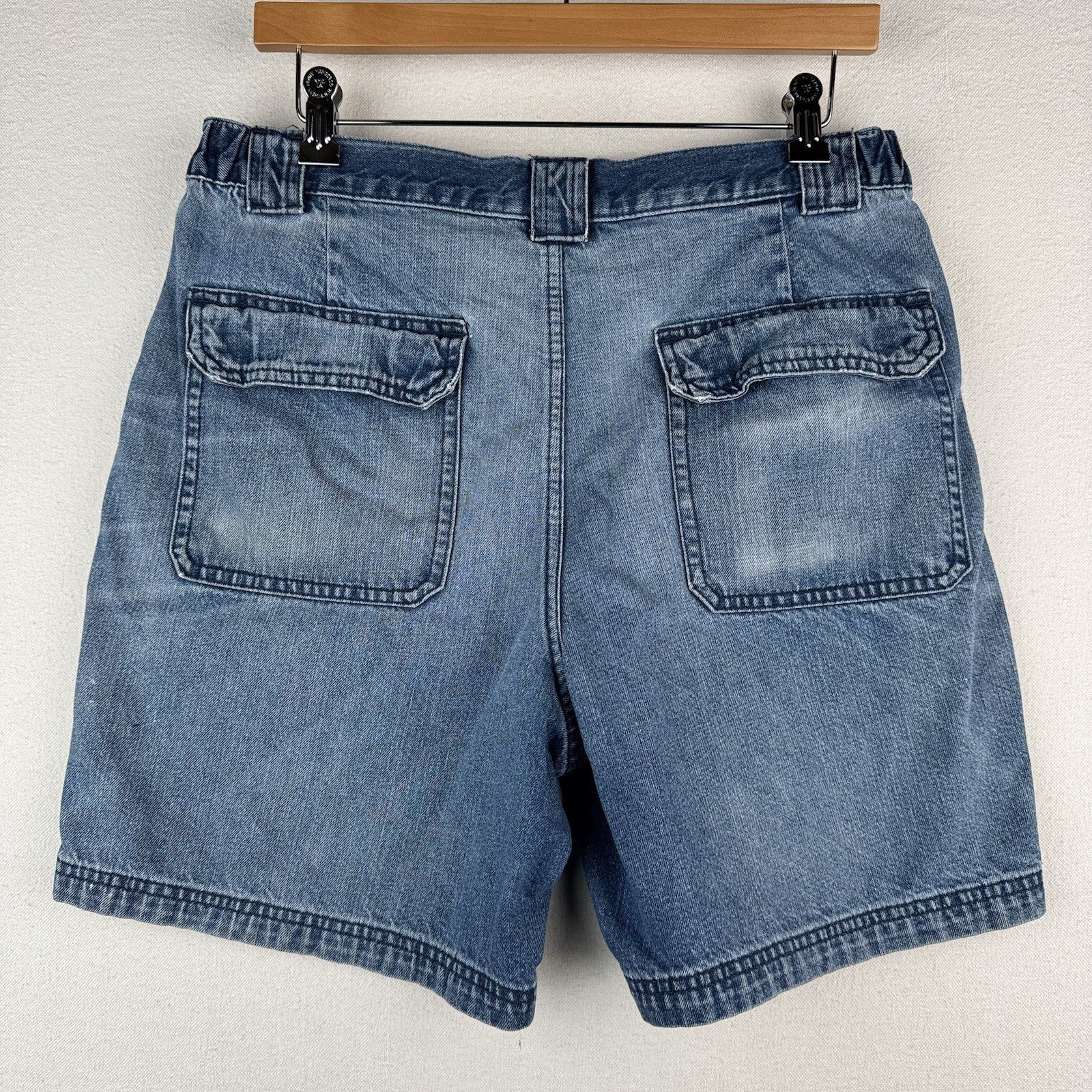 Vtg Croft & Barrow Denim Cargo Safari Pocket Shorts Mens 32x6 Blue Elastic Waist