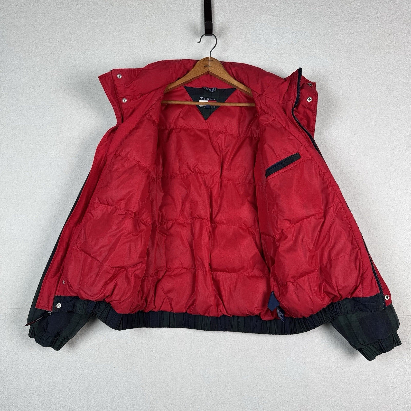 Vintage 90s Tommy Hilfiger Down Coat Ski Jacket Mens XL Tartan Plaid Embroidered
