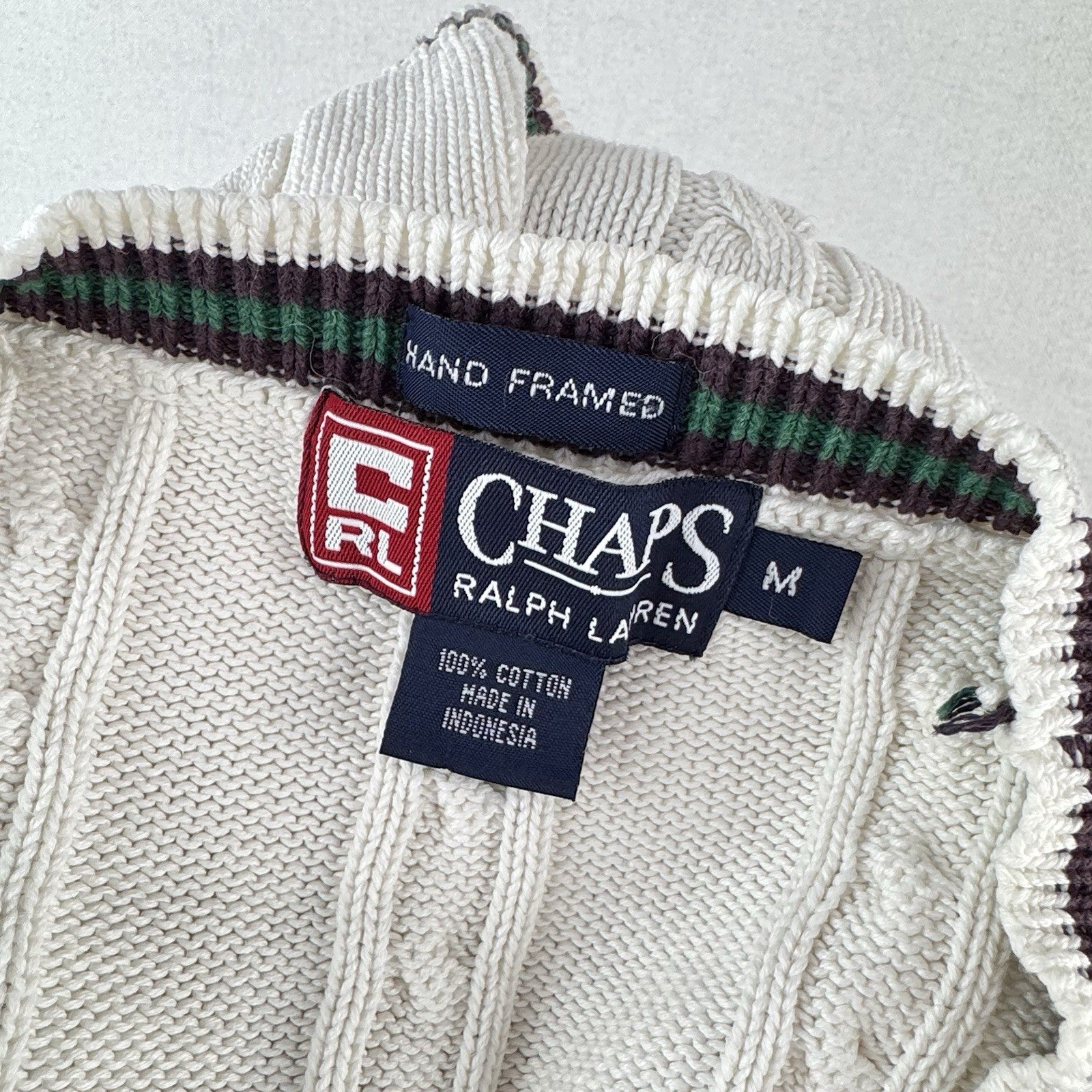 90’s Vtg Chaps by Ralph Lauren Men’s M Cream Cable-knit Cricket Vest Hand Framed