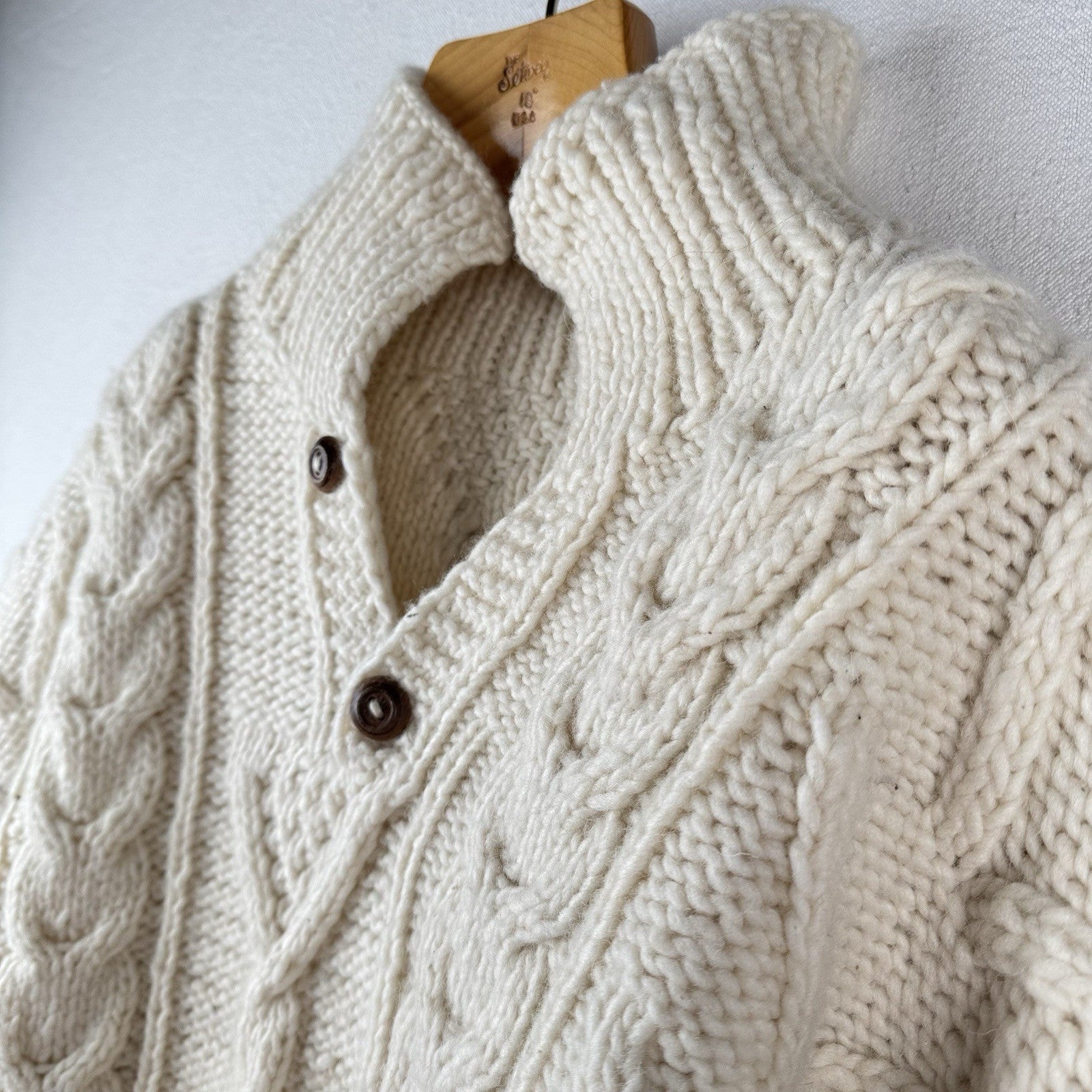 Handknit Wool 2XL Fisherman Sweater Cream White Knit Collar 2-button 48” *Read