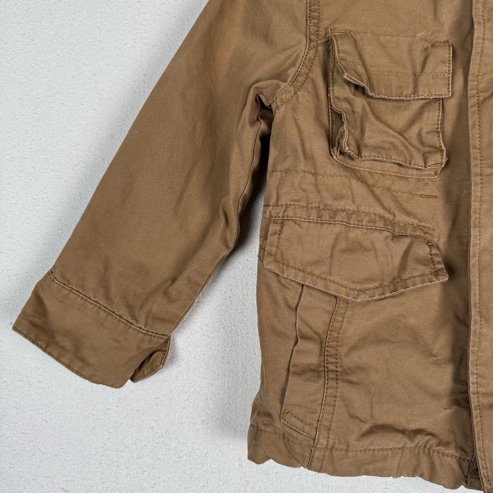 Childrens Place Military Utility Barn Jacket XS 4T Tan Flannel Lines Full Zip