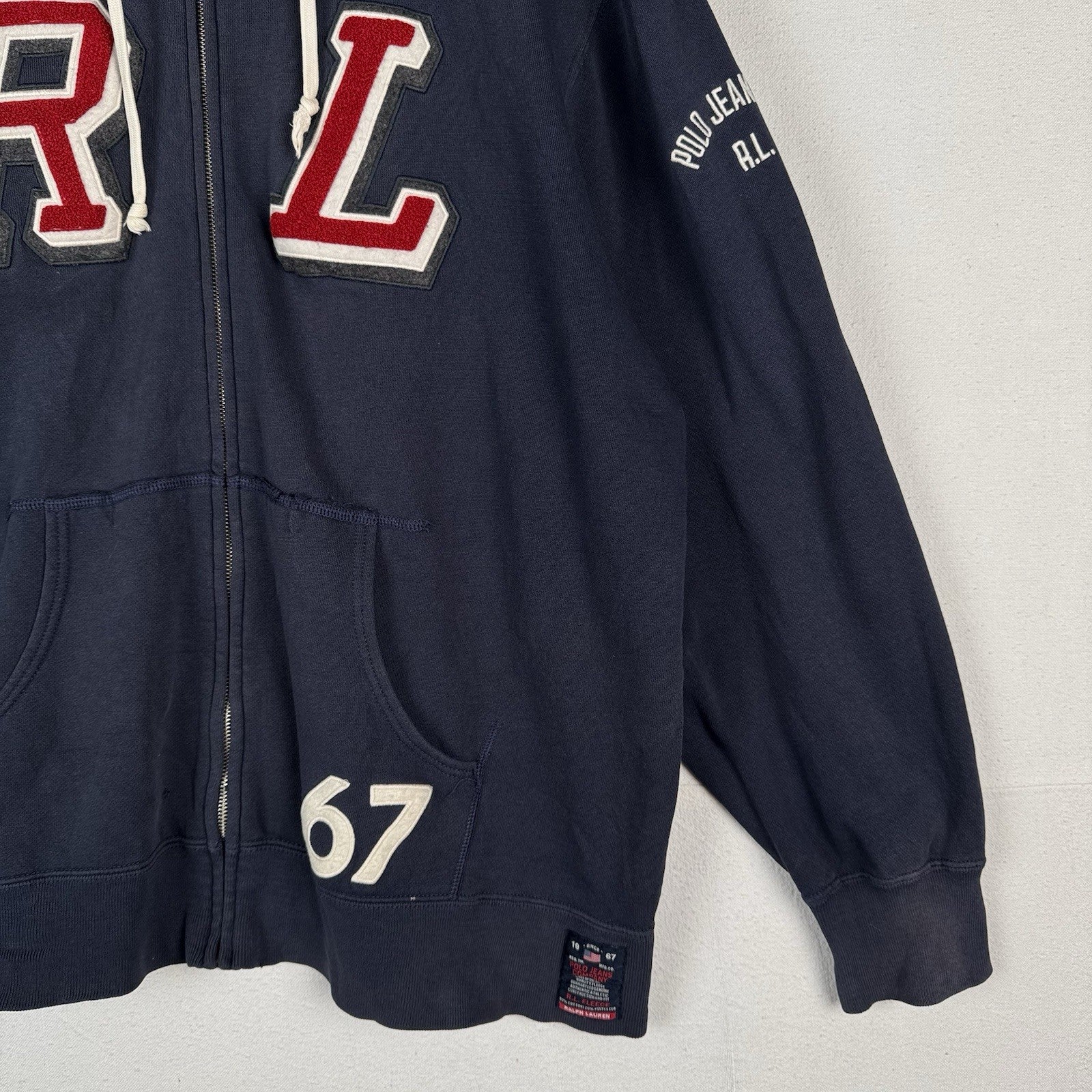 90’s Vtg Polo Jeans Co Ralph Lauren Men’s 2XL RL Letterman Full Zip Hoodie Blue