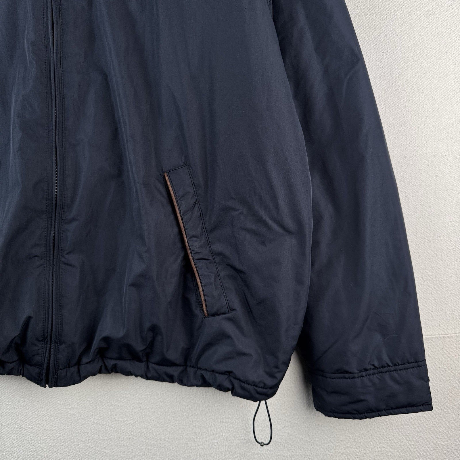 90's Vtg Polo Ralph Lauren Jacket Men XL Navy Leather Trim Lined Stowaway Hood