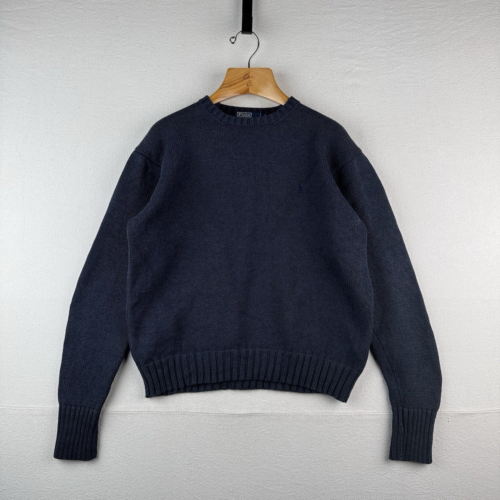 90’s Vintage Polo Ralph Lauren Sweater Men L Navy Blue Knit Pullover Blue Pony