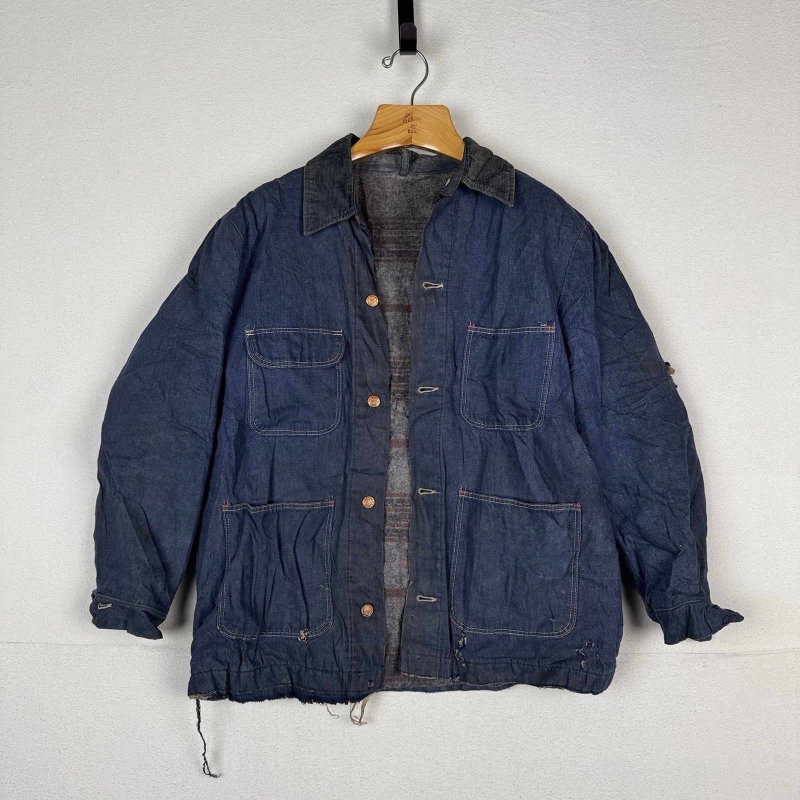 Vtg 1960s Wool Blanket Lined Denim Prison Chore Jacket Yard Coat 48” *Unwashed