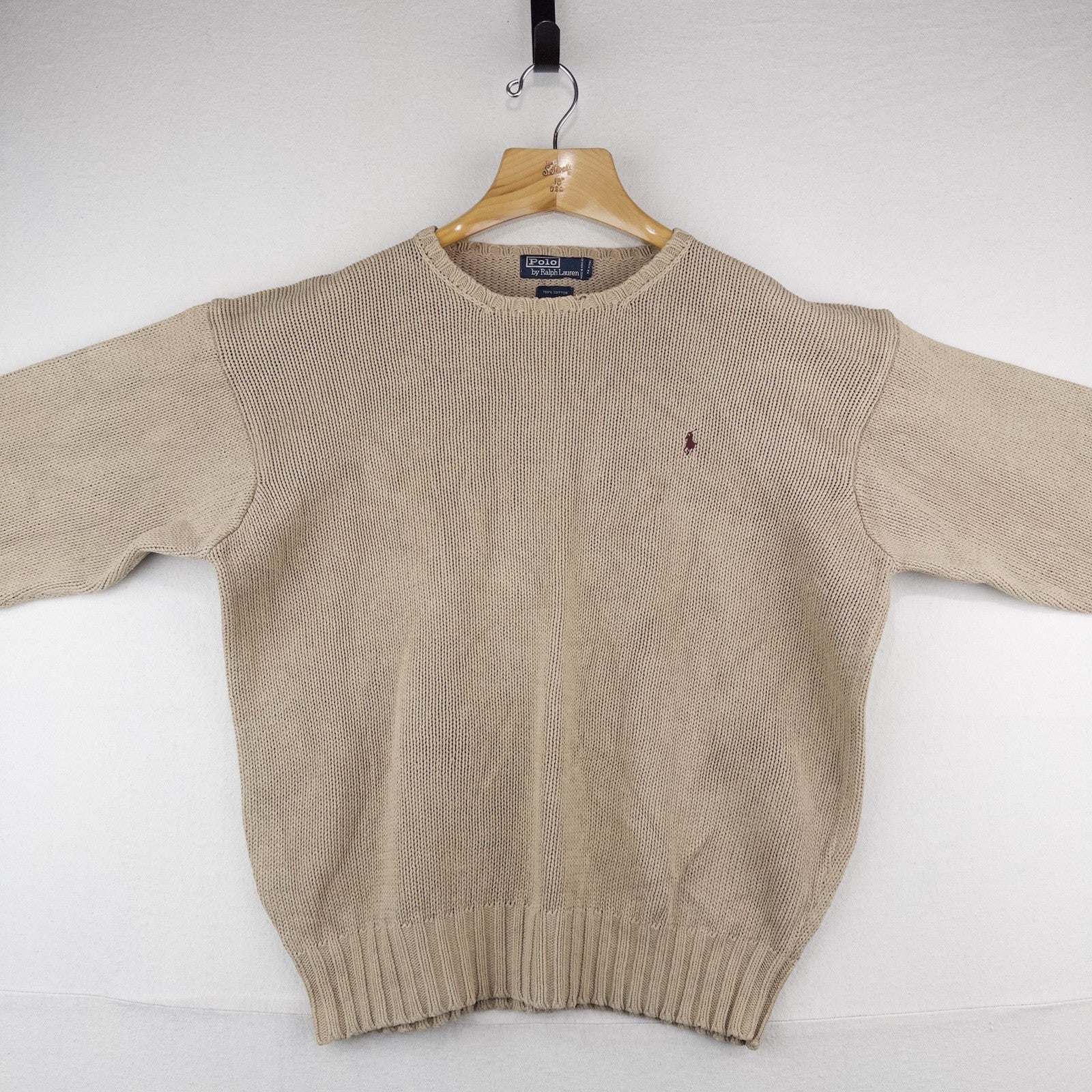 90’s Vintage Polo Ralph Lauren Knit Sweater Men’s L Tan Brown Cotton Crewneck