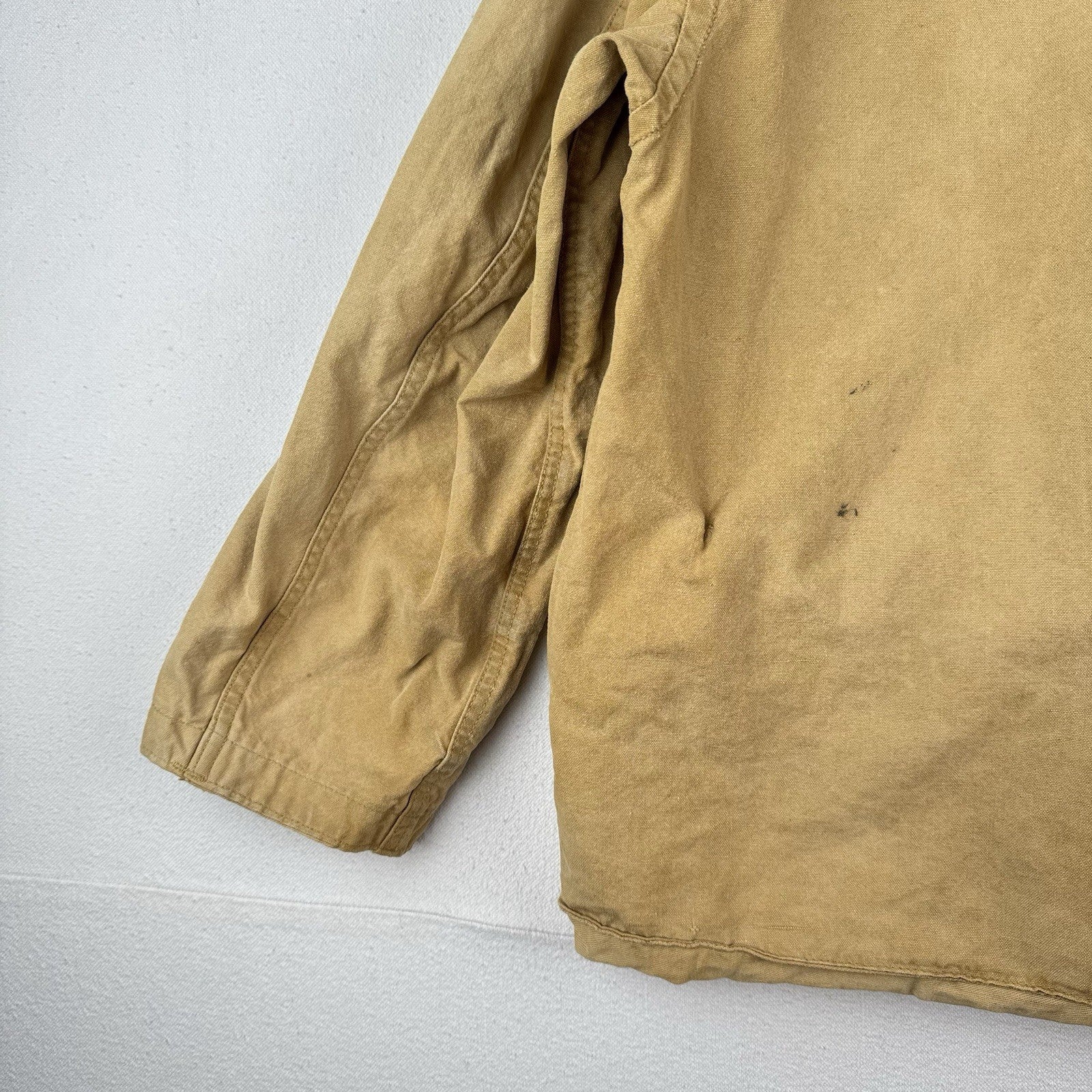 40s 50’s Vtg Hetterick Mfg Co Hunting Jacket Chore Coat Patches 46” USA *Read