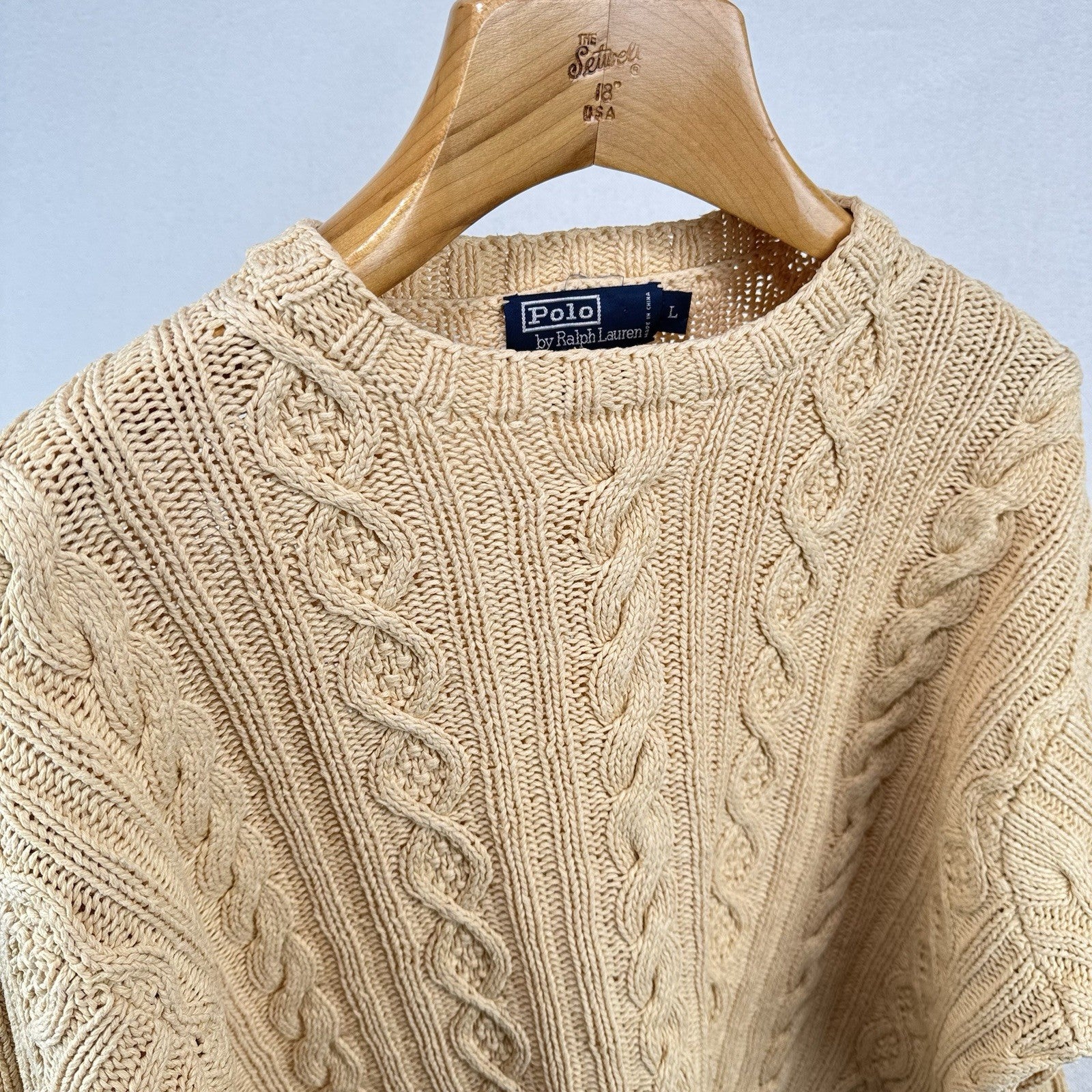 90’s Vtg Polo Ralph Lauren Mens L  Hand Knit Fisherman Cable Sweater Linen Blend