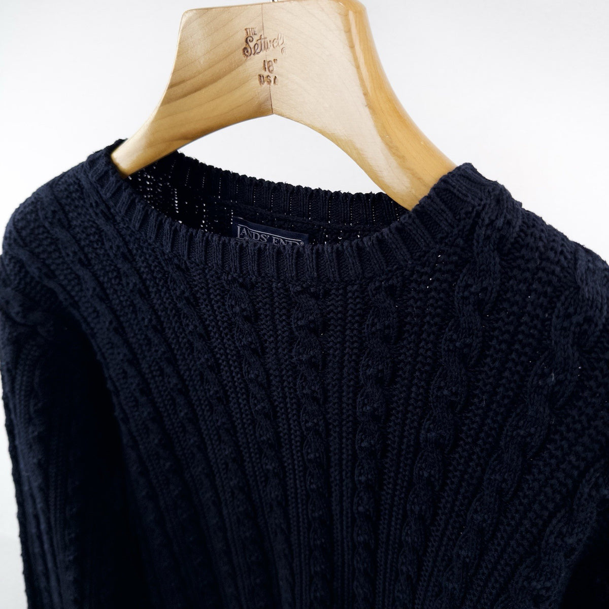 80’s Vtg Lands End Sweater Womens L 14-16 Blue Fisherman Cable Knit Pullover USA