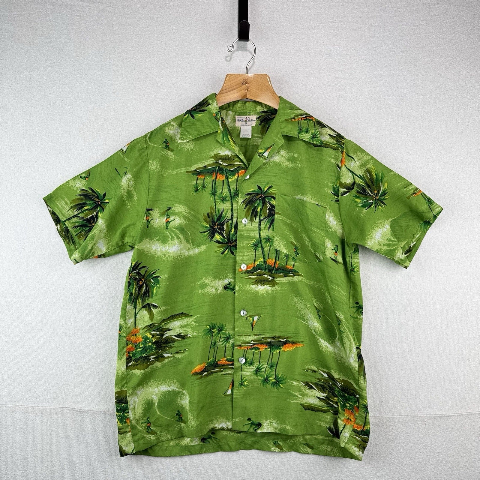 60s-70s Vintage Hukilau Fashion Hawaiian Shirt Green Men’s Large Surf Resort USA