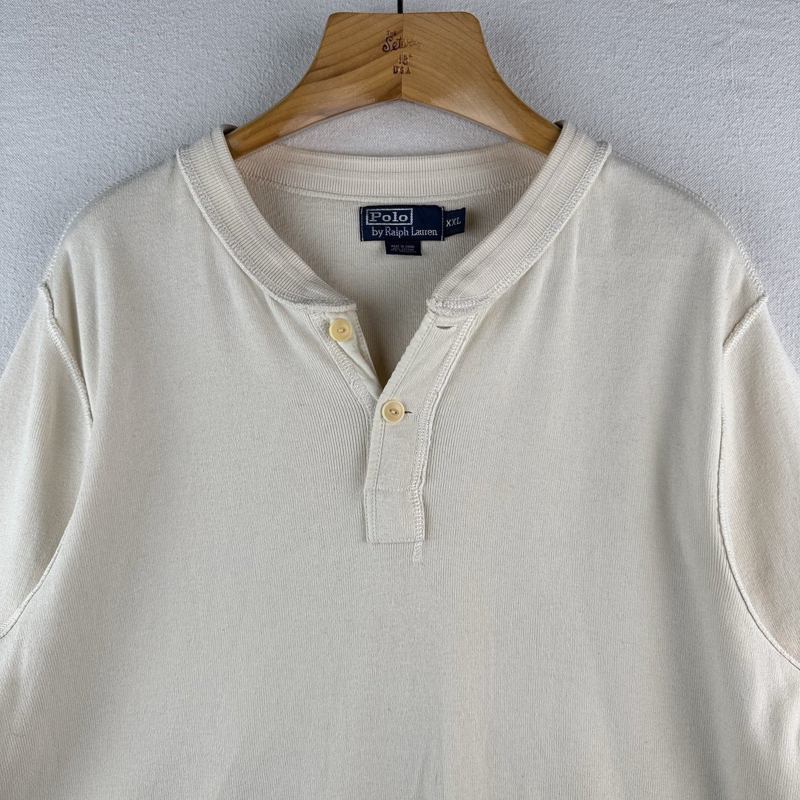 Vintage Polo Ralph Lauren Henley Shirt Mens 2XL Long Sleeve Cotton Beige
