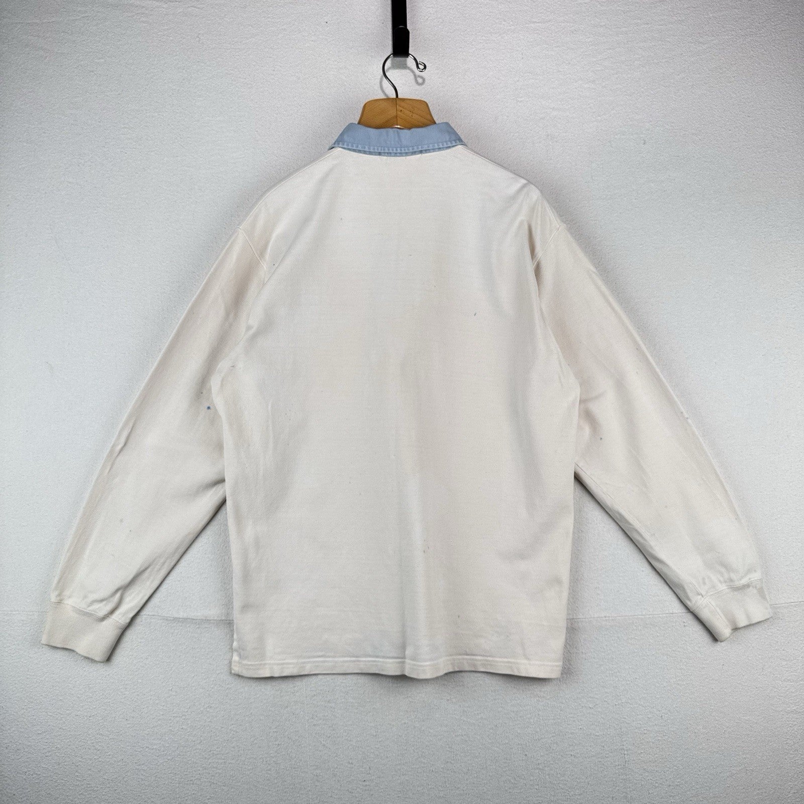 90’s Vtg Polo Ralph Lauren Shirt Men’s M Ink Splatter Rugby White Denim Collar