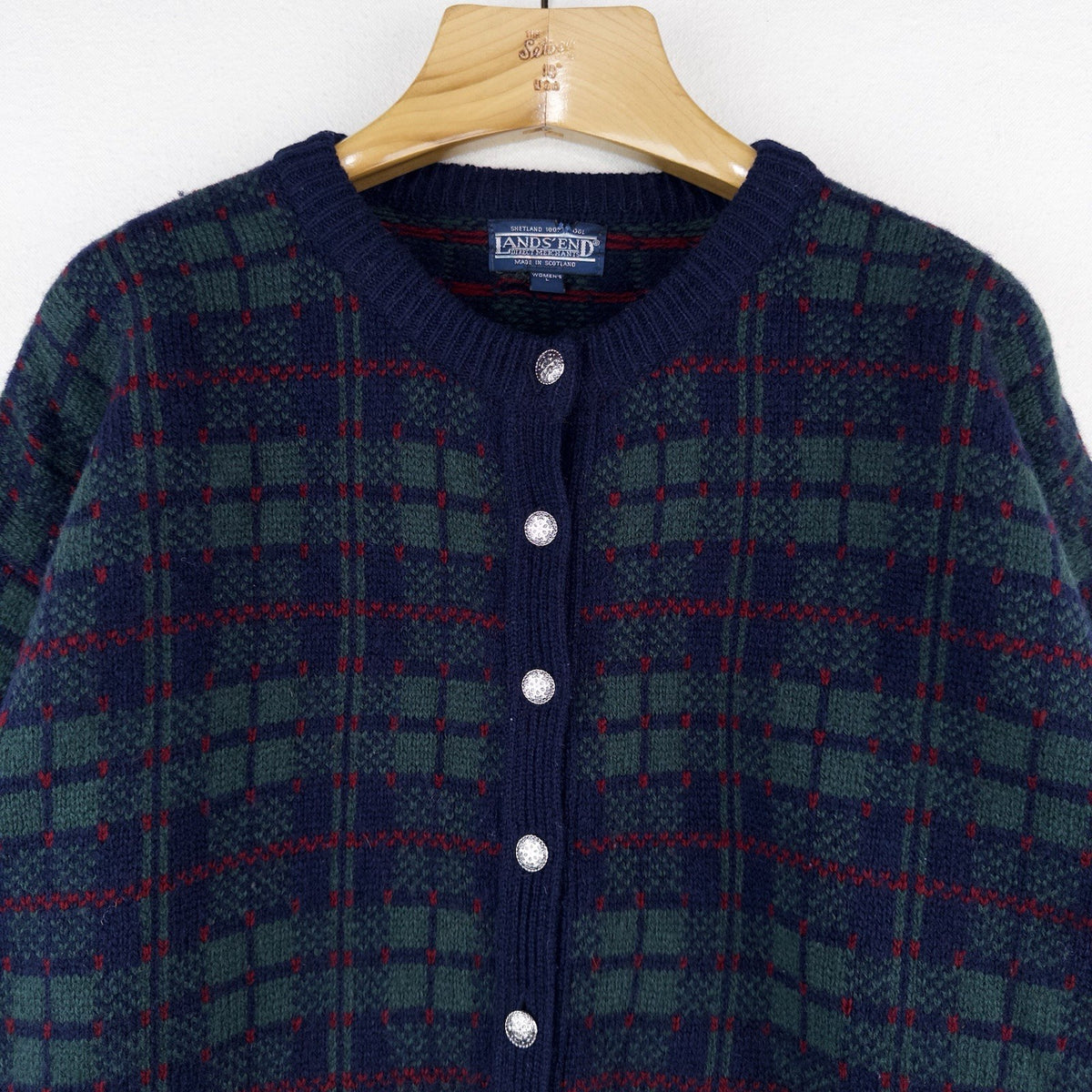 90’s Lands End Tartan Plaid Shetland Wool Cardigan Women’s Large Scotland
