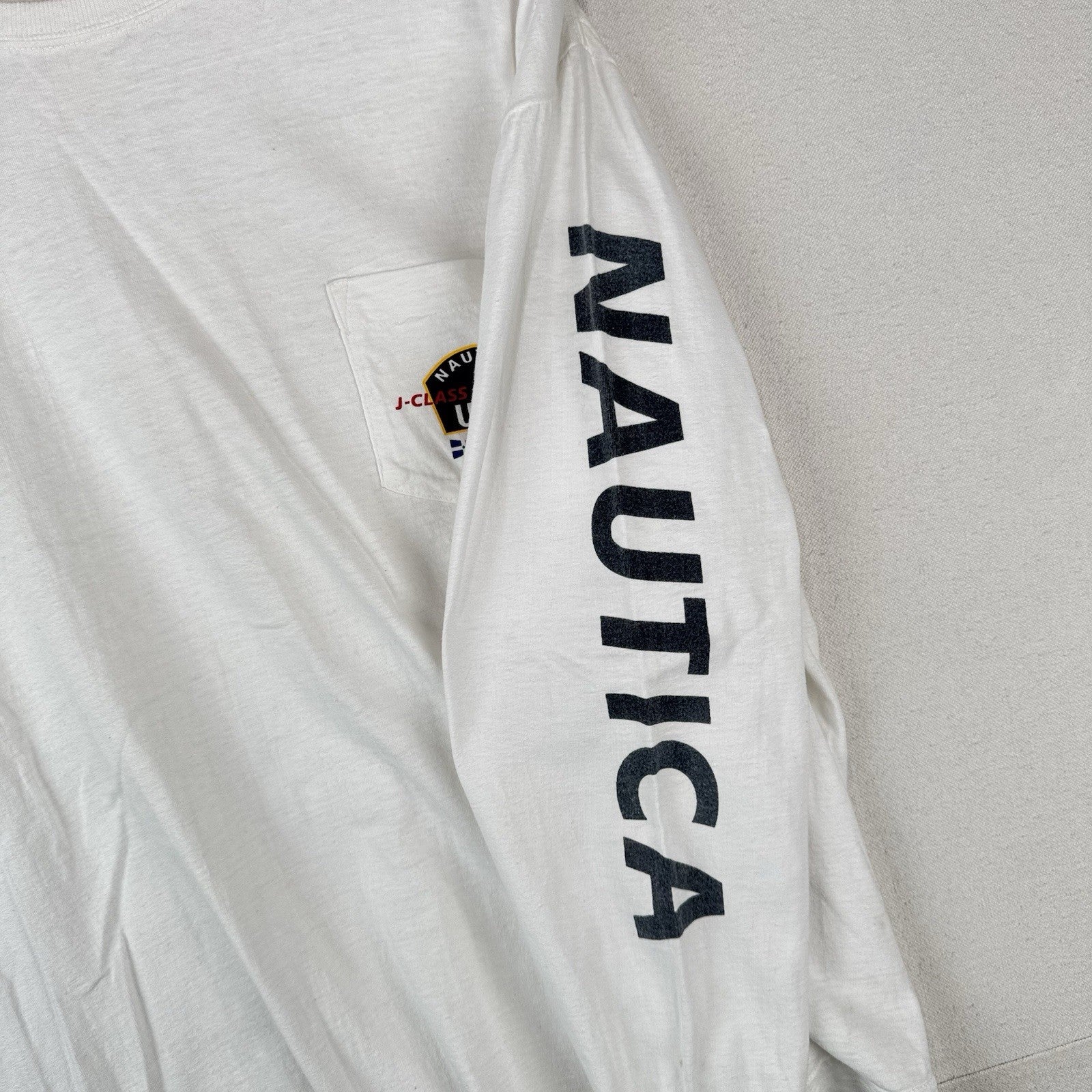Vintage Nautica J-Class US2 Racing Men’s Large White Long Sleeve Pocket T-shirt
