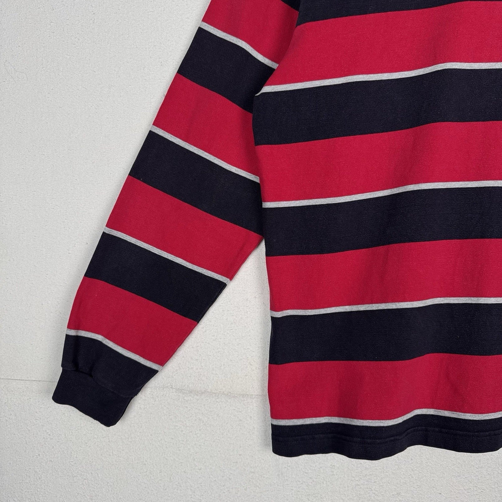 Vintage Lands End Rugby Shirt Mens Large 42-44 Red Blue Gray Striped Polo