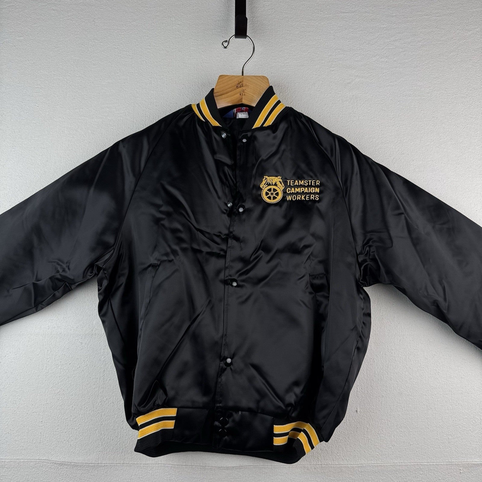 Teamsters Campaign Worker Black Satin Bomber Jacket Men's Small Made USA