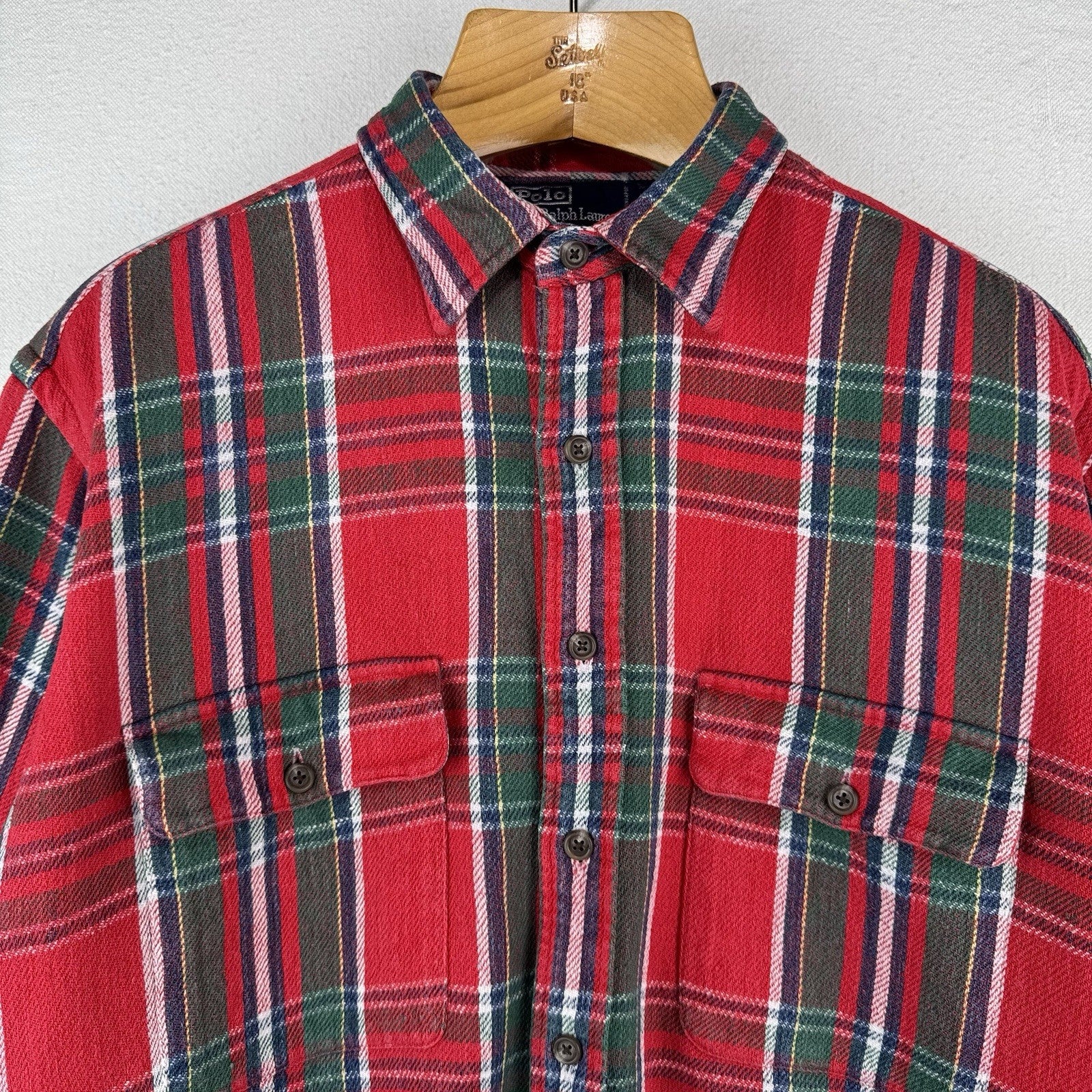 Vtg Polo Ralph Lauren Lowell Sport Red Green Button Up Heavy Flannel Shirt Large