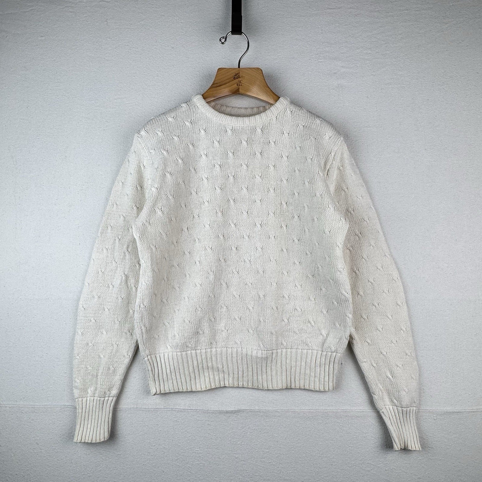 Vintage Neiman Marcus Cotton Cable Knit Sweater Ivory Cream Small 40”
